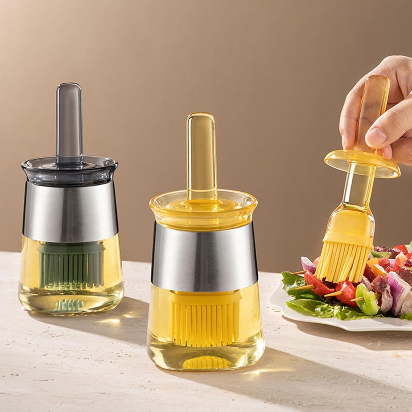 Oil Bottle Brush, 9 oz Olive Dispenser Bottle with Brush,Silicone Basting Brush Oil Separator for Cooking, Glass Oil Dispenser for Kitchen Barbecue Sauce Grill Frying (Yellow,270 ml)