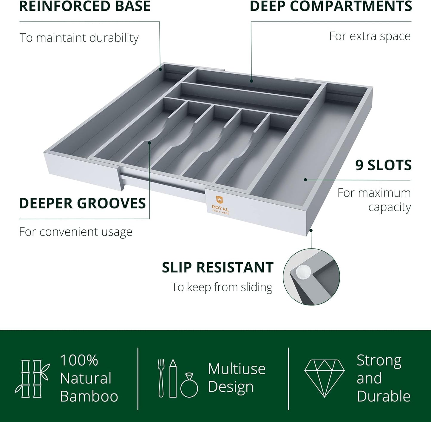 Luxury Bamboo Kitchen Drawer Organizer - Silverware Organizer - Utensil Holder and Cutlery Tray with Grooved Drawer Dividers for Flatware and Kitchen Utensils (9 Slot, Gray)