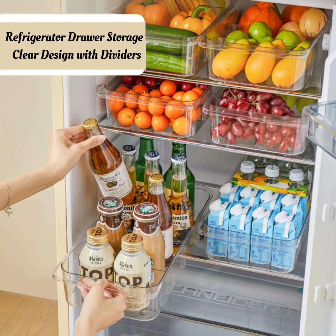 Attelite RollOut Refrigerator Drawer Organizer and Storage Clear Design with Dividers, Fridge Organizer on Wheels, Upgrade Thick Plastic Pantry Storage Bins, Kitchen Organization 2 Set