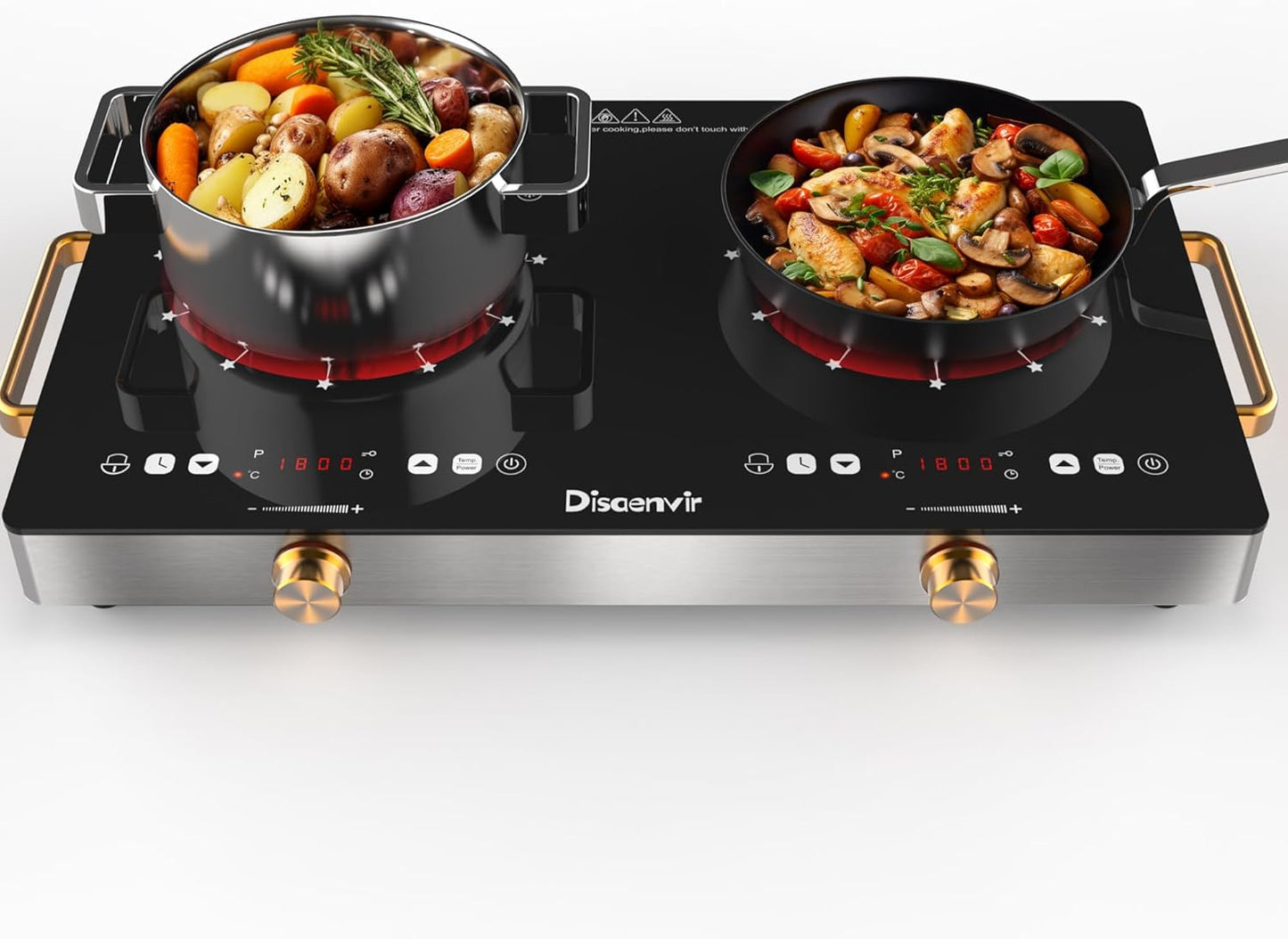 2 Burner Electric Cooktop 110V - 24 Inch Countertop Electric Stove with Handles 2000W, Two Burner Ceramic Burner with LCD Touch Screen and Knob Control, Timer, Safety Lock, 120V Plug in