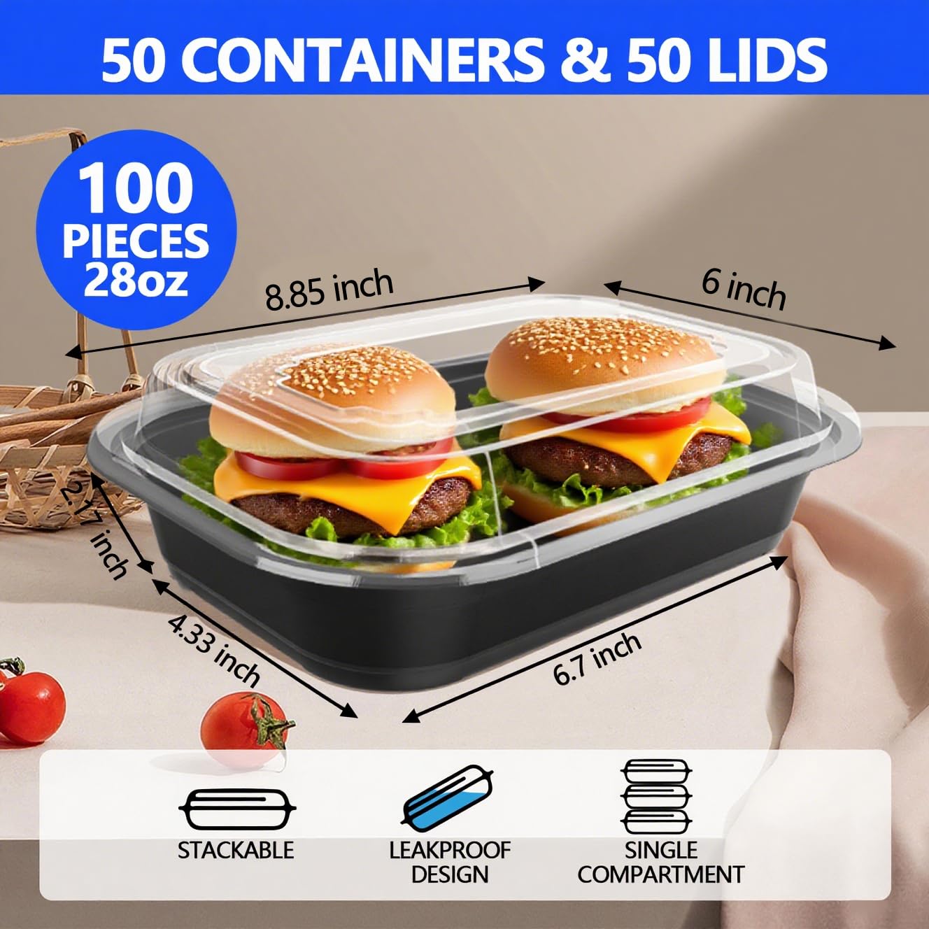 50 Pack (100-Piece) - 28oz Meal Prep Containers Salad & Snack Storage for Lunch | BPA Free & Leakproof Food Containers | To Go Take Out Plastic Bento Box | Microwave, Freezer, Dishwasher Safe