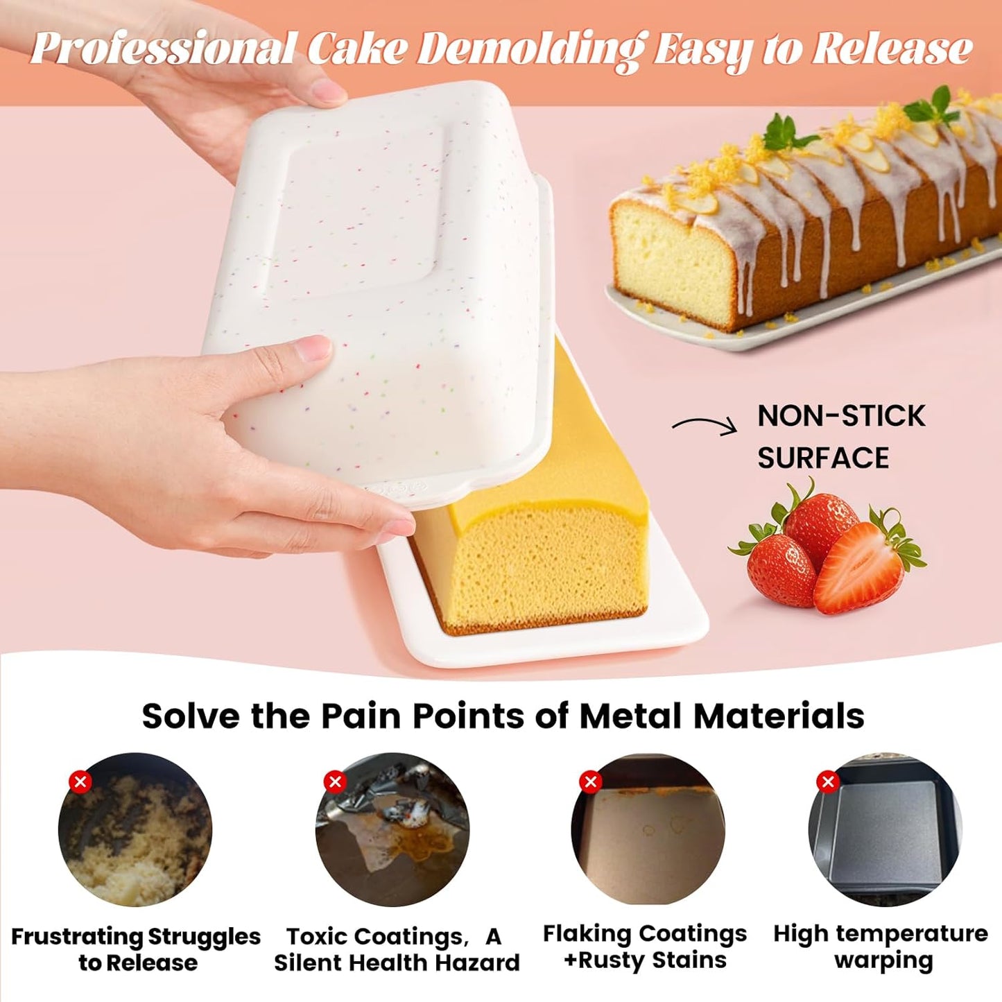 SJ Silicone Bread Loaf Pan with Metal Reinforced Frame, 9.5 x 5 in Non-stick Silicone 1 lb Loaf Pan for Baking, 2 Pack Durable Bread Pan for Oven Dishwasher Safe - Cream