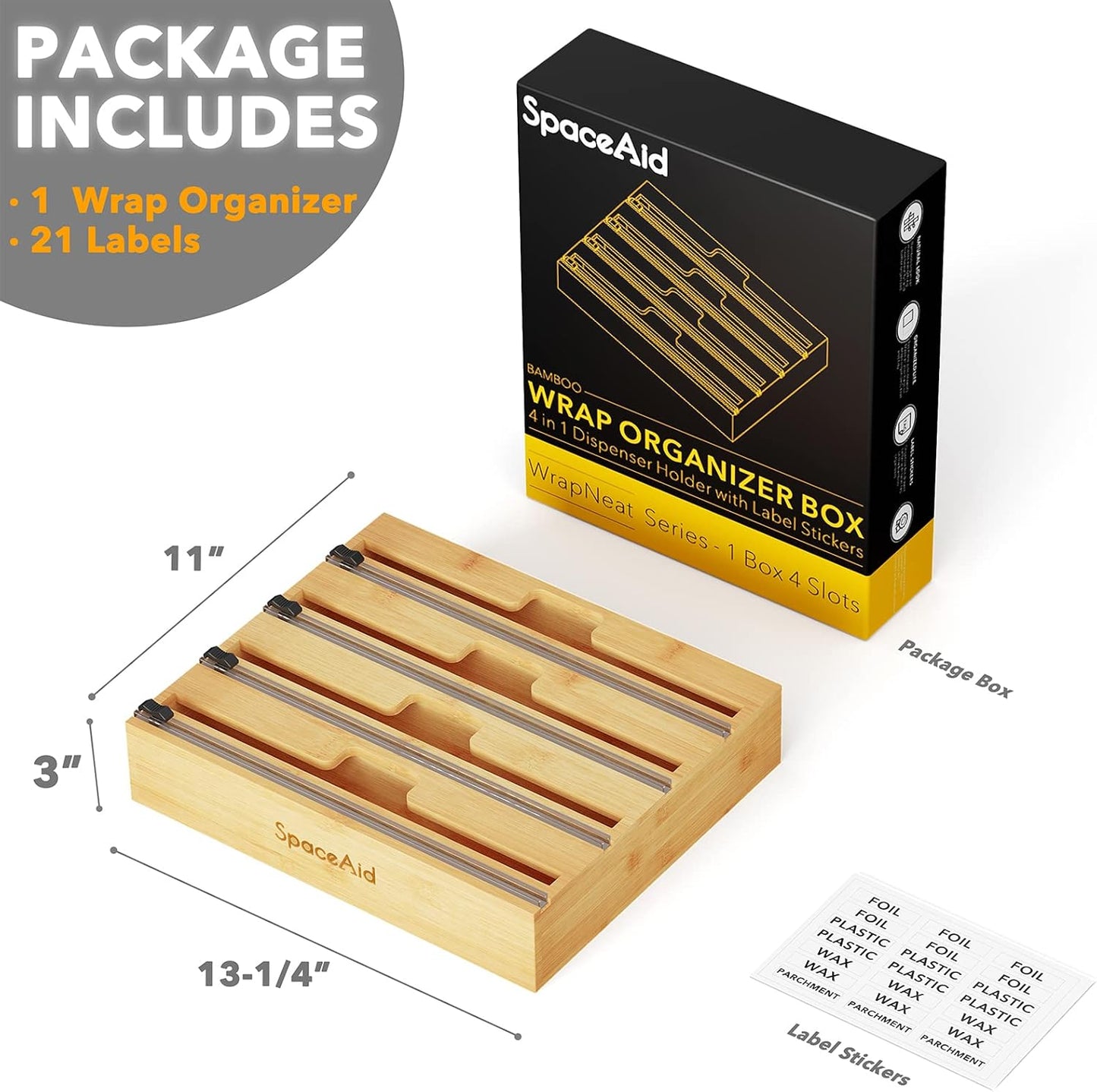 SpaceAid WrapNeat 4 in 1 Wrap Dispenser with Cutter and Labels, Plastic Wrap, Aluminum Foil and Wax Paper Dispenser for Kitchen Drawer, Bamboo Roll Organizer Holder, Compatible with 12" Roll