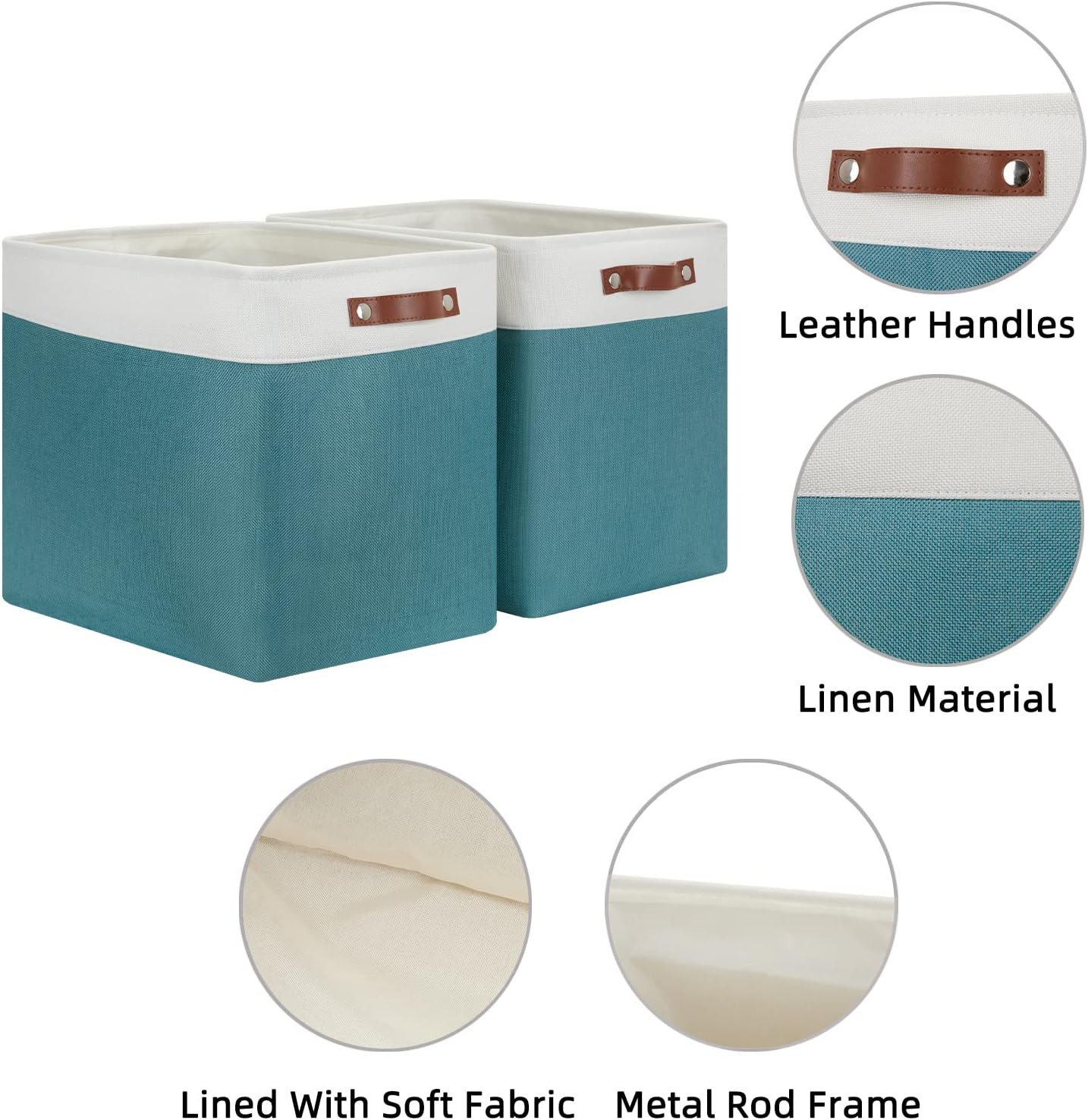 HNZIGE Large Canvas Organizer Baskets for Organizing, Rectangular Shelf Baskets with Handles, Collapsible Linen Storage Basket for Storage Shelves Closet, Home(White Teal), 17" x 12" x 15"
