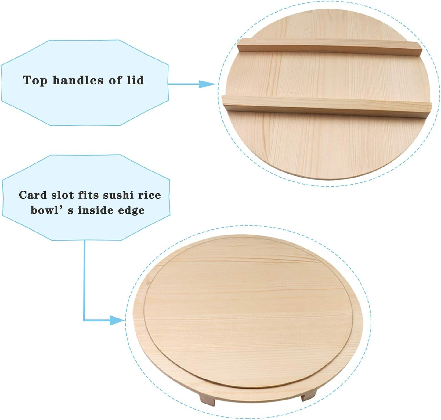 Kichgather Wooden Sushi Rice Bowl with Lid Hangiri Sushi Oke Sushi Rice Mixing Tub (10.6 “ with lid)