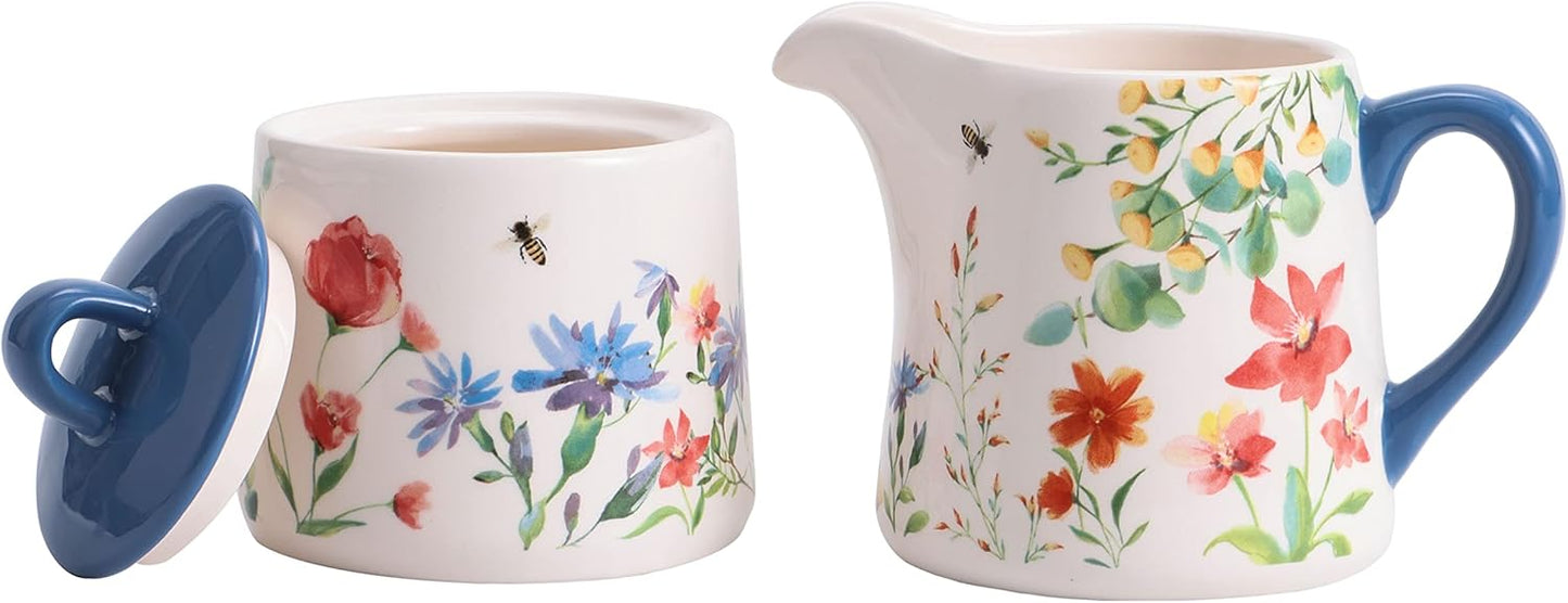 Bico Summer Provence Ceramic Sugar and Creamer Set, Sugar Bowl with Lid, Cute Container for Coffee Bar, Kitchen Countertop Accessories, Microwave and Dishwasher Safe