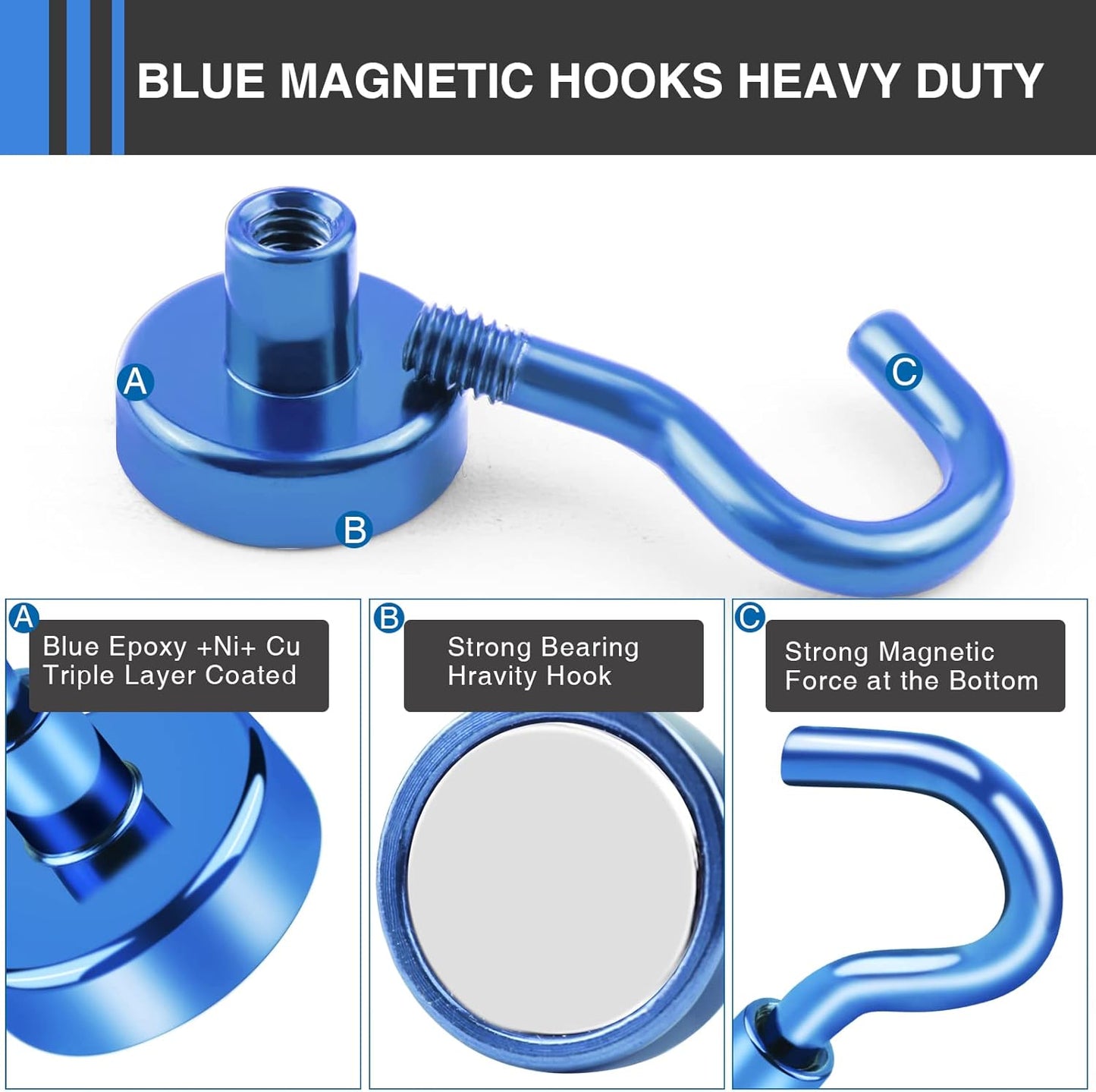 LOVIMAG Magnetic Hooks，25Lbs Magnet Hooks for Cruise Cabin, Magnetic Hooks for Hanging, Fridge, Classroom, Refrigerator, Ceiling, Office, Kitchen. Grill, Garage-6 Pack of Blue