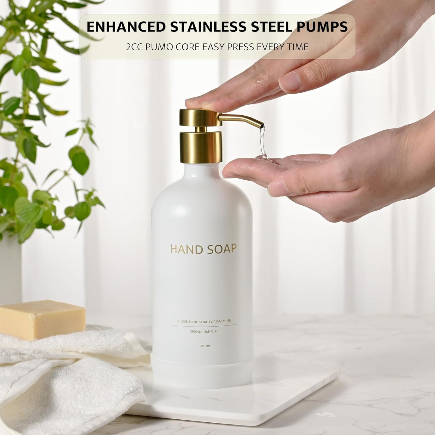 Glass Soap Dispenser Set with Ceramic Tray, 16.9 floz Hand and Dish Soap Dispenser for Bathroom Decor, White and Gold Kitchen Accessories (White Bottles + Gold Pumps)