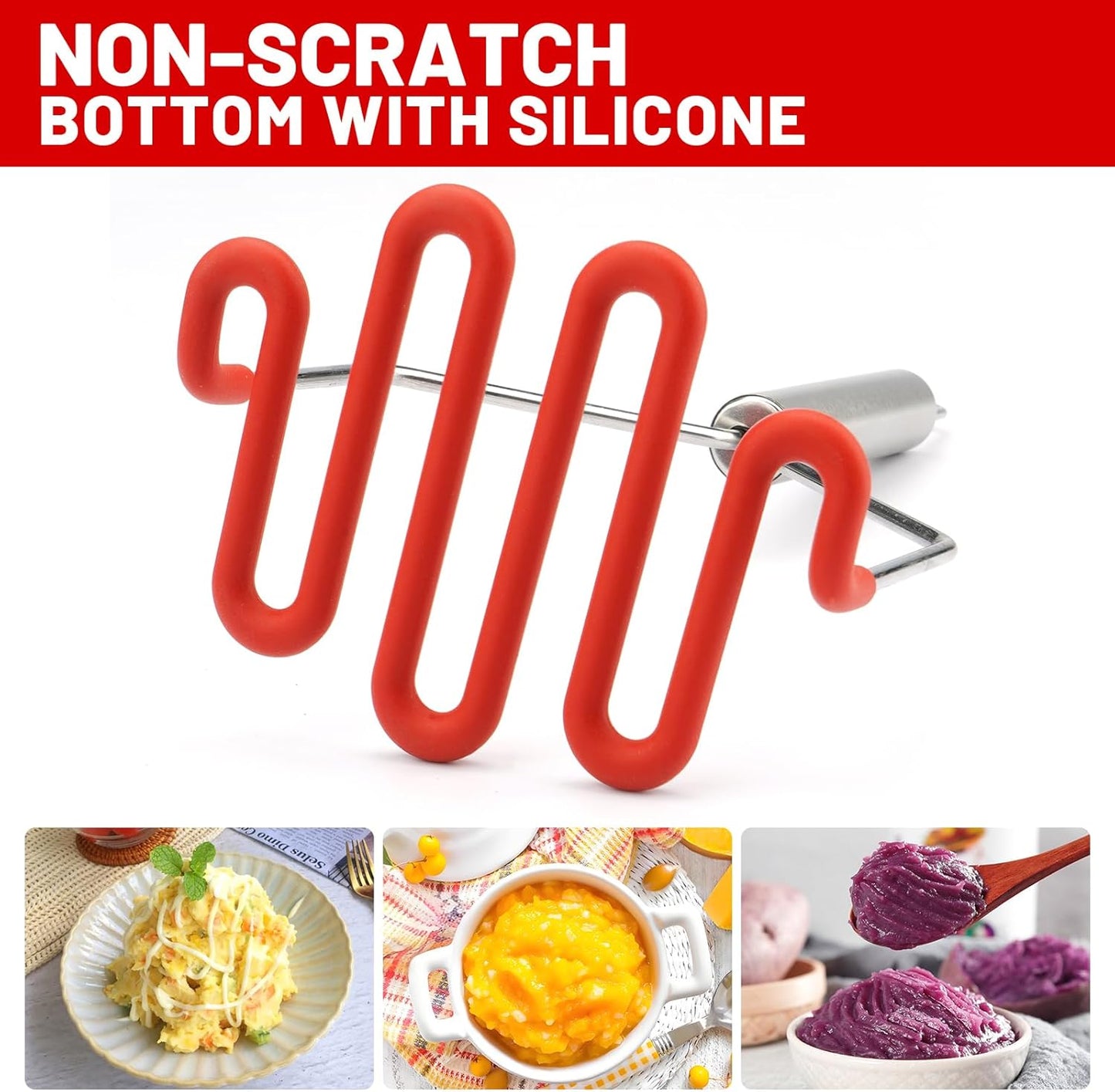 SHIKORI Non-Scratch Silicone Potato Masher Kitchen Tool, Potatoes Masher Potato Masher Stainless Steel Wrapped In Premium Silicone, Potato Smasher 2 Pcs-Red