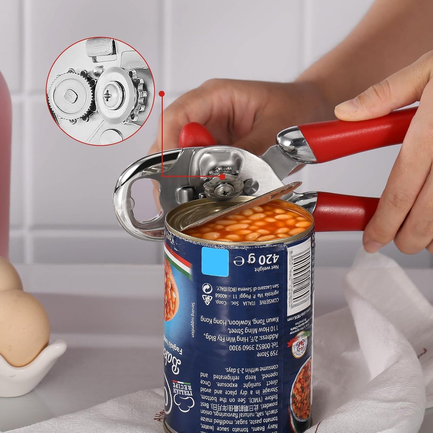 Multi-function Manual Can Opener Bottle Opener, Oversized Hand-held Easy Rotary Knob, Safe Cut Can Opener with Non-Slip Handle, Smoother Cut Sharp Blade for Seniors Kitchen Tool, Red