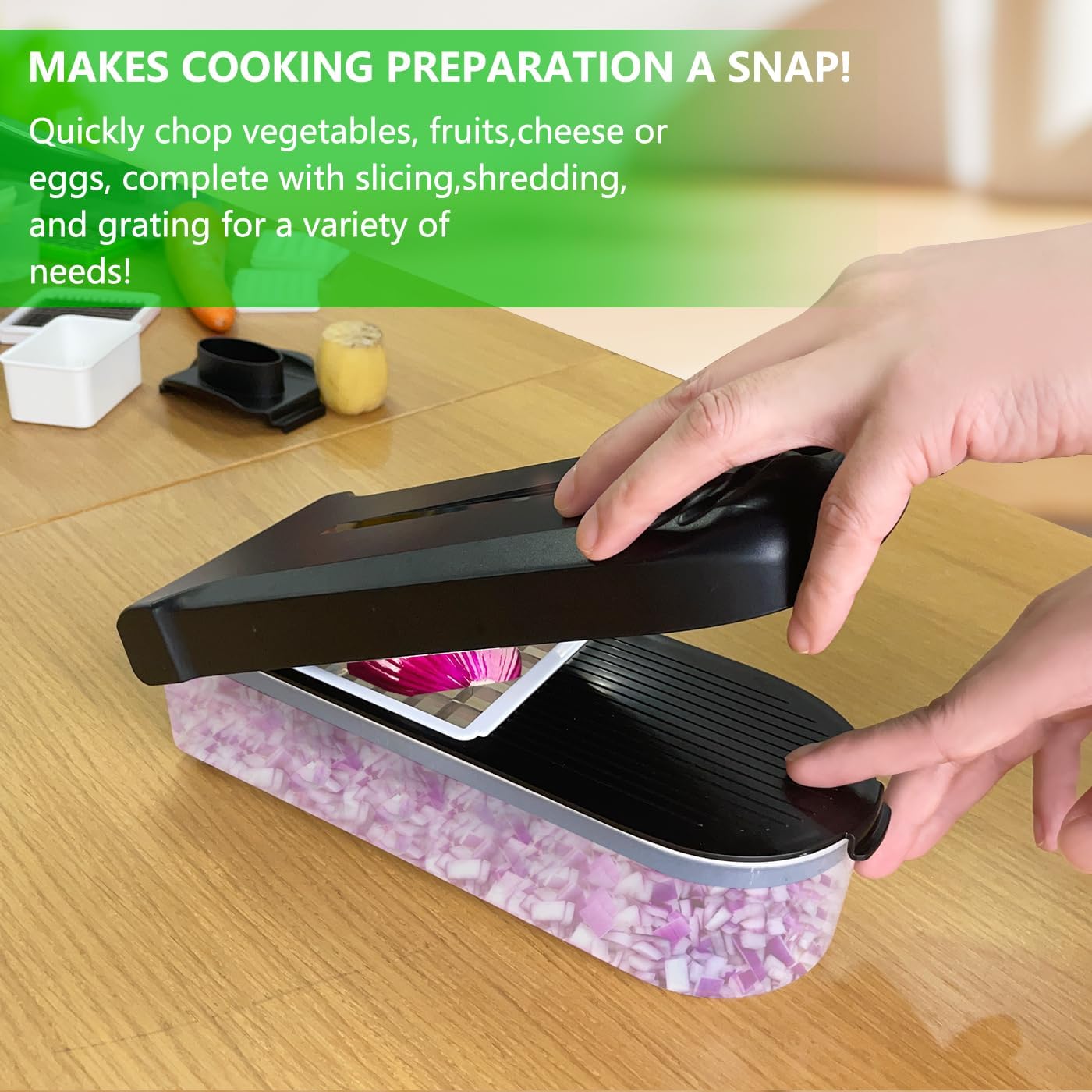 LHS Multifunctional Food Chopper - 10 in 1 Veggie Slicer, Dicer, Cutter for Onions, Potatoes and More - Black Container Included