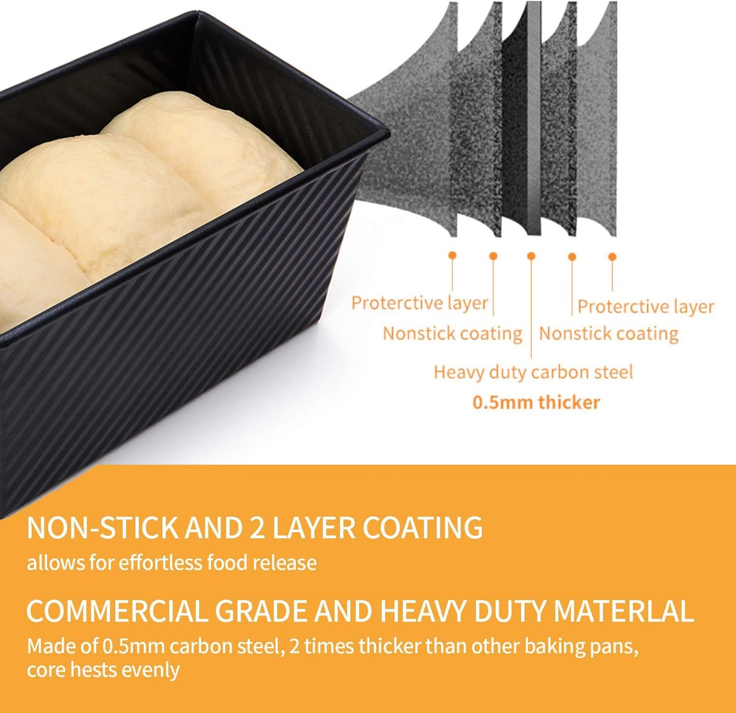 CHEFMADE Pullman Loaf Pan with Lid 2 Pcs, 1Lb Dough Capacity Non-Stick Rectangle Corrugated Bread Pan, Carbon Steel Toast Pan with Cover for Baking Bread - Black