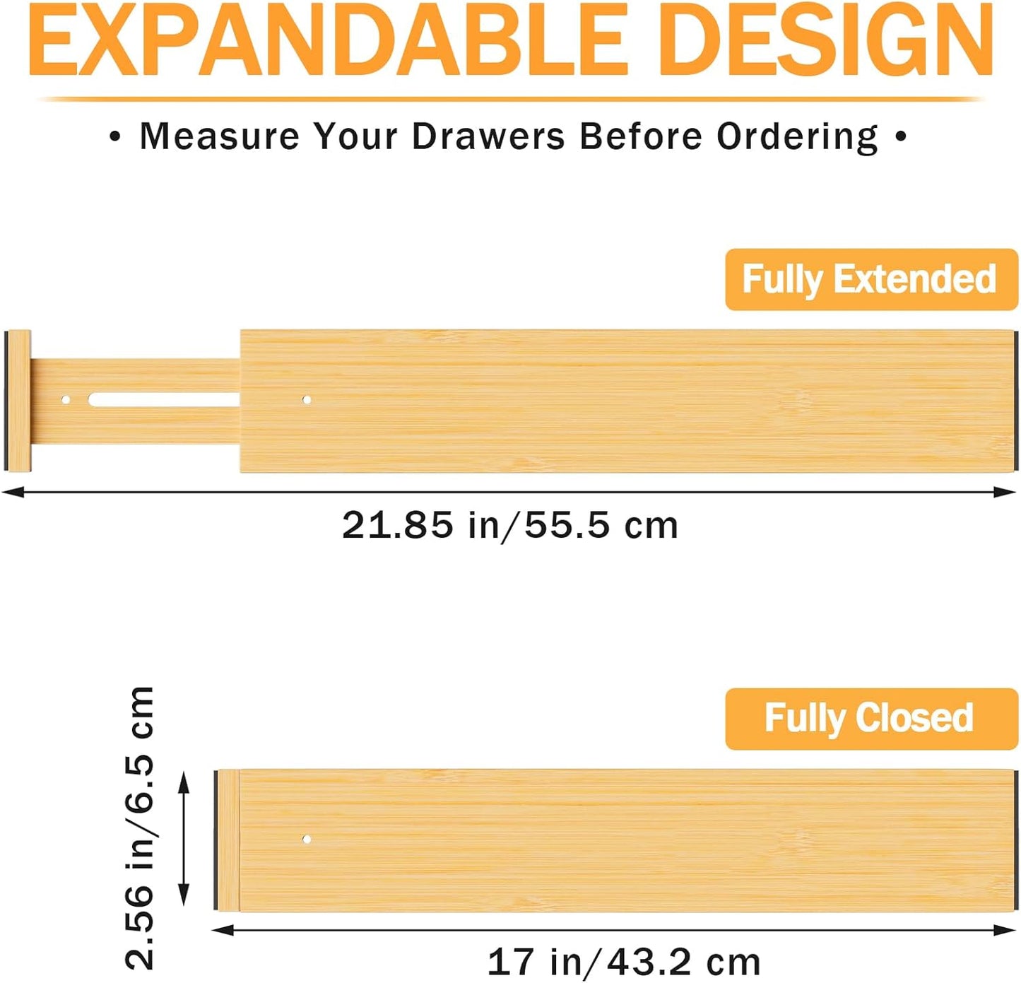 BAMBUROBA Bamboo Drawer Dividers, Adjustable Organizer for Kitchen & Bedroom, Expandable 17-22" Drawer Separators, 4-Pack