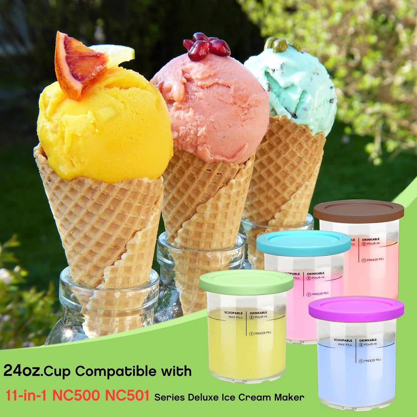 Replacement for Creami Deluxe Pints and Lids 4 Pack,Compatible with Ninja Creami 11-in-1 NC501 NC500 Series Deluxe Ice Cream Maker,24oz Deluxe XL Cups(Purple,Blue,Brown,Green)