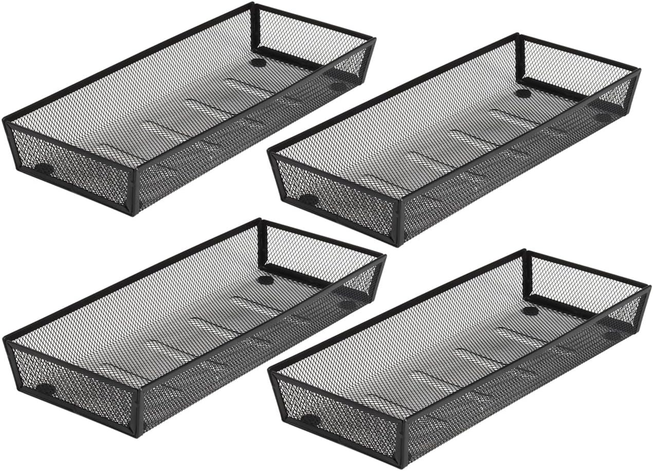 BYCY Silverware Drawer Organizer, Mesh Utensil Organizer for Kitchen Storage, Black Steel Metal Mesh Tray for Flatware Fork Spoon Knife… (15 * 6-4P-Black)