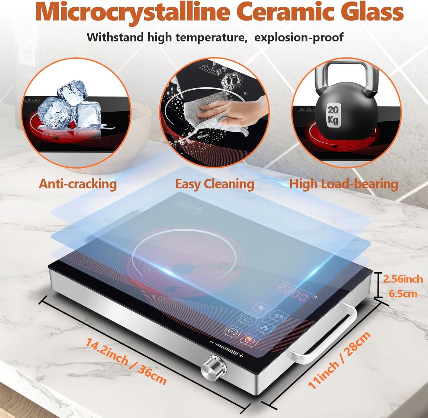 Countertop Infrared Hot Plate Electric Cooktop Portable Cooker for Cooking Single Burner Stove, 2200 Watt Compact Hotplate Adjustable Temperature Control, Sensor Touch & Knob