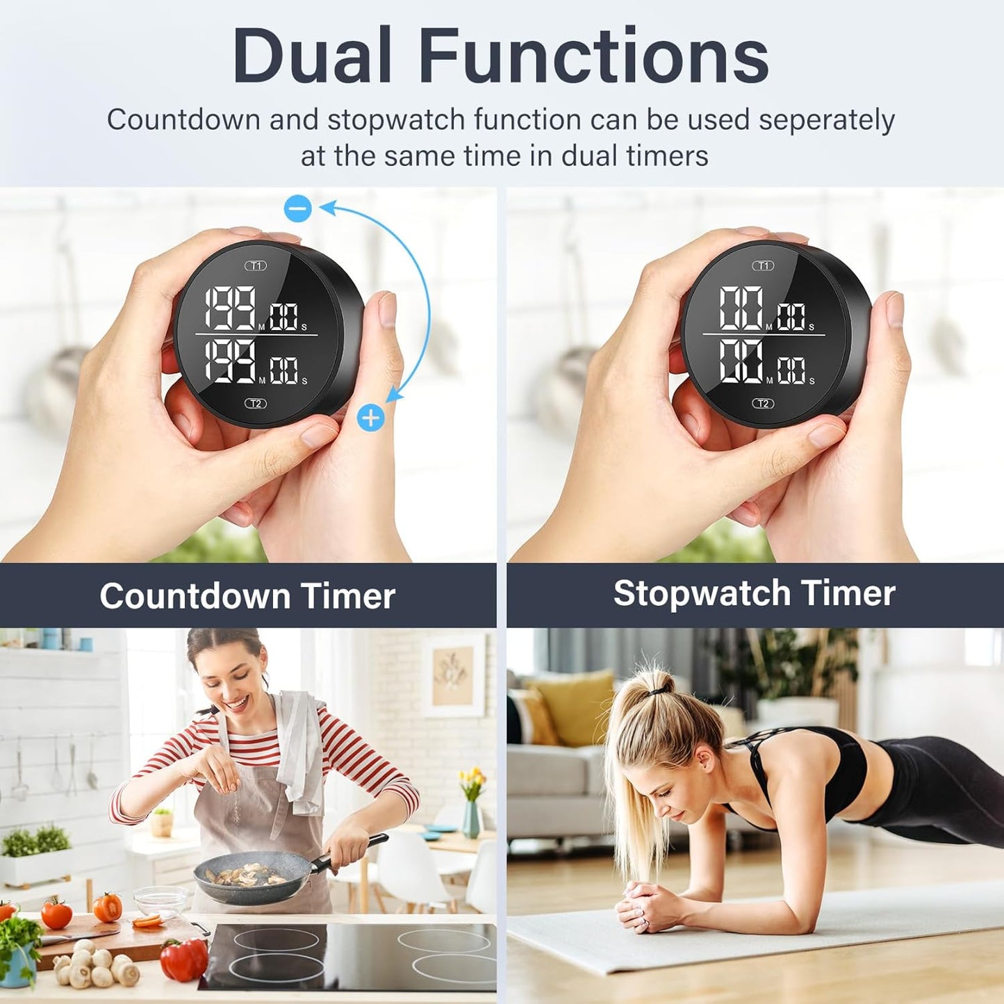 Dual Digital Kitchen Timer for Cooking, 199 Minutes Countdown & Stopwatch, Timer for Fridge, Big Digits, High-Definition Display, Easy Rotary Adjustment, 3 Volumes, 2 Brightness Levels, Black