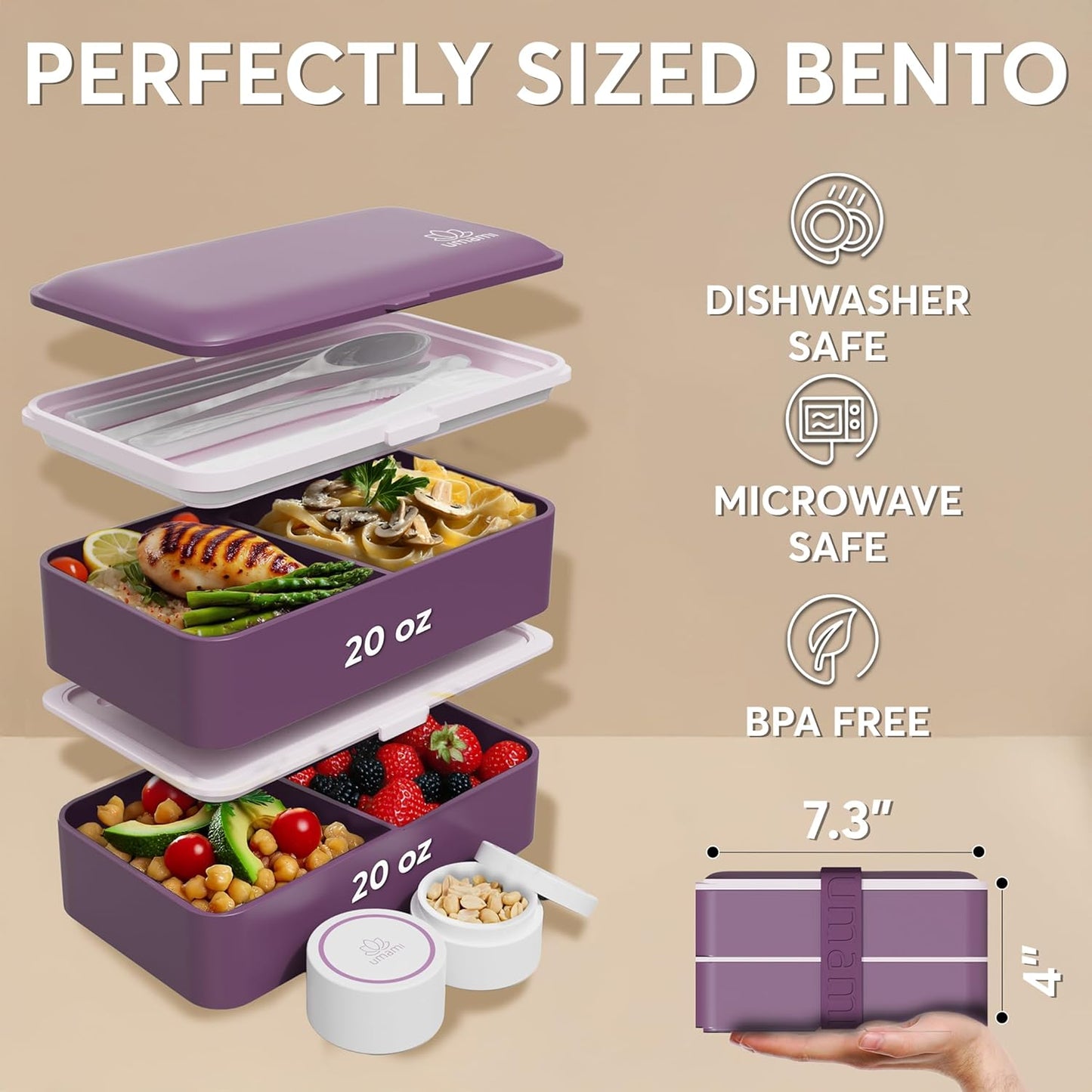 Umami Bento Box Adult All-In-1 w/4 Utensils, 2 Sauce Jars, 2 Dividers, 100% Leakproof, Microwave & Dishwasher Safe, Stackable Bento Lunch Box Containers for Men/Women, Royal Purple, 40 oz