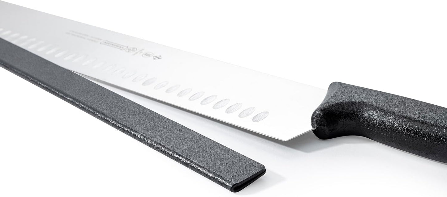 Mundial 16-Inch Carbon Stainless Steel Cheese Slicer Knife – Double Handle, Granton Edge for Non-Stick Cutting, Includes Safety Sleeve Protector, Ideal for Blocks of Cheese