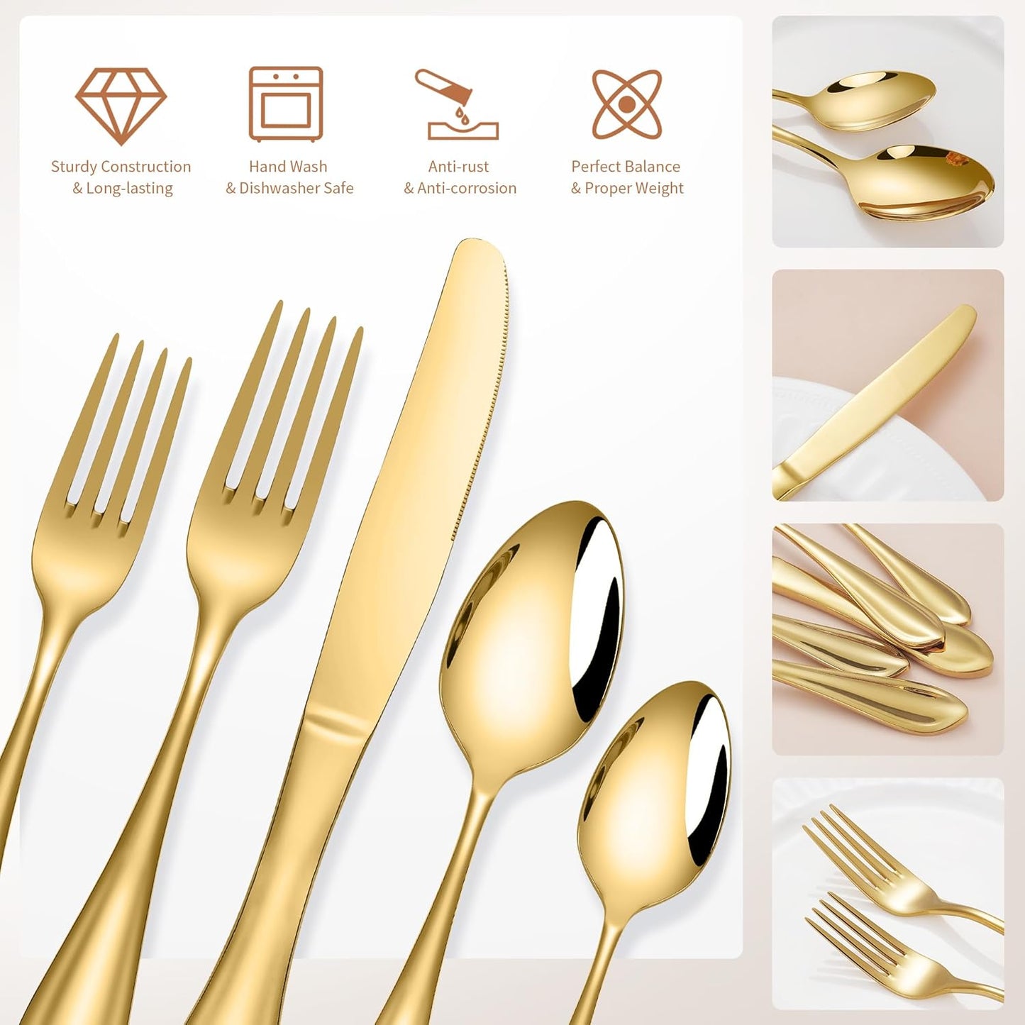 20-Pieces 18/10 Stainless Steel Silverware Set, Gold Stainless Steel Flatware for 4, Heavy Duty Silverware, Dishwasher Safe, Ideal for Gift