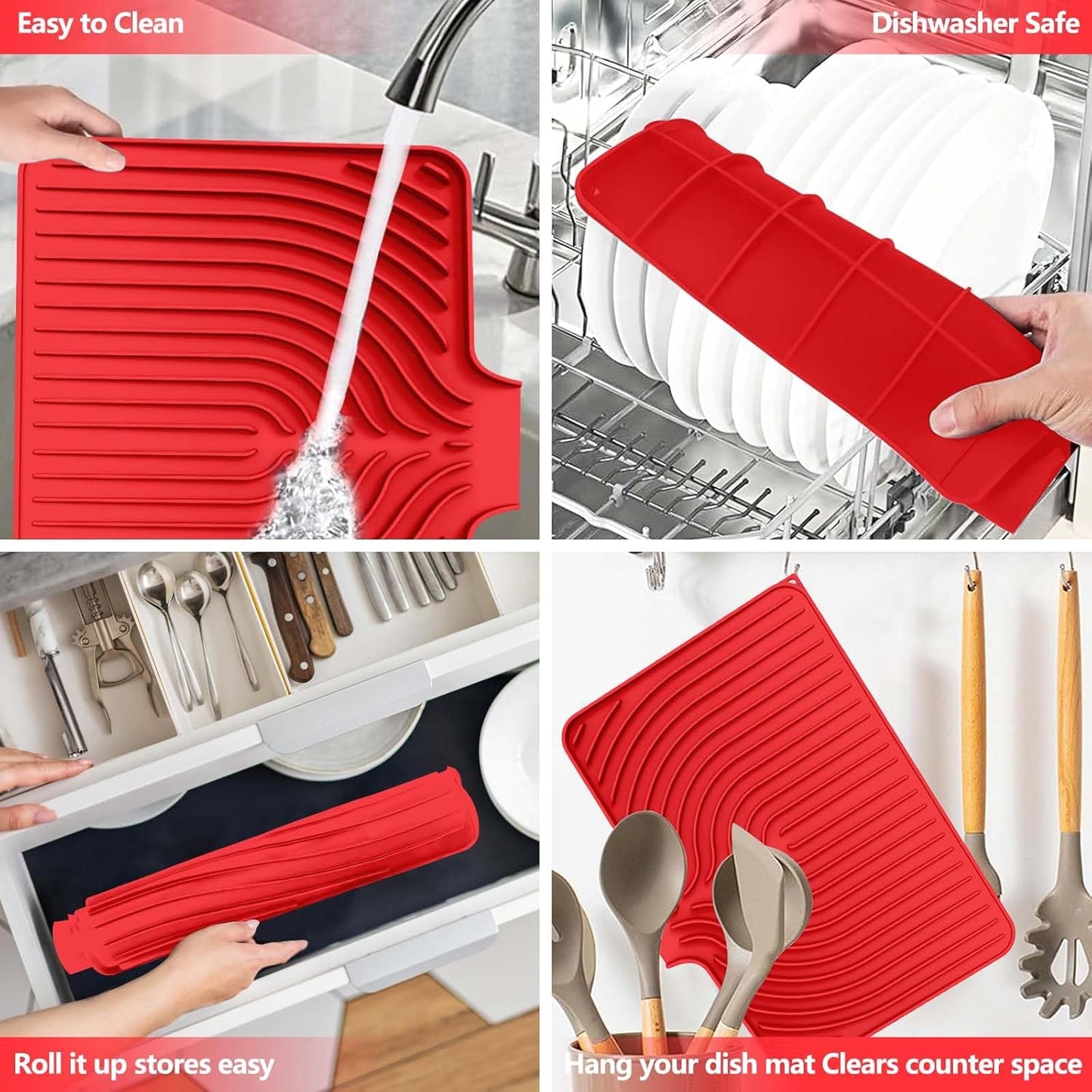 Silicone Dish Drying Mat for Kitchen Counter with Built-in Drain, Easy Clean Pad for Countertop Protection, Fast Self-Draining Slope, Non-Slip, Multiple Use 17.7 x 11.8 Inch ( Red)