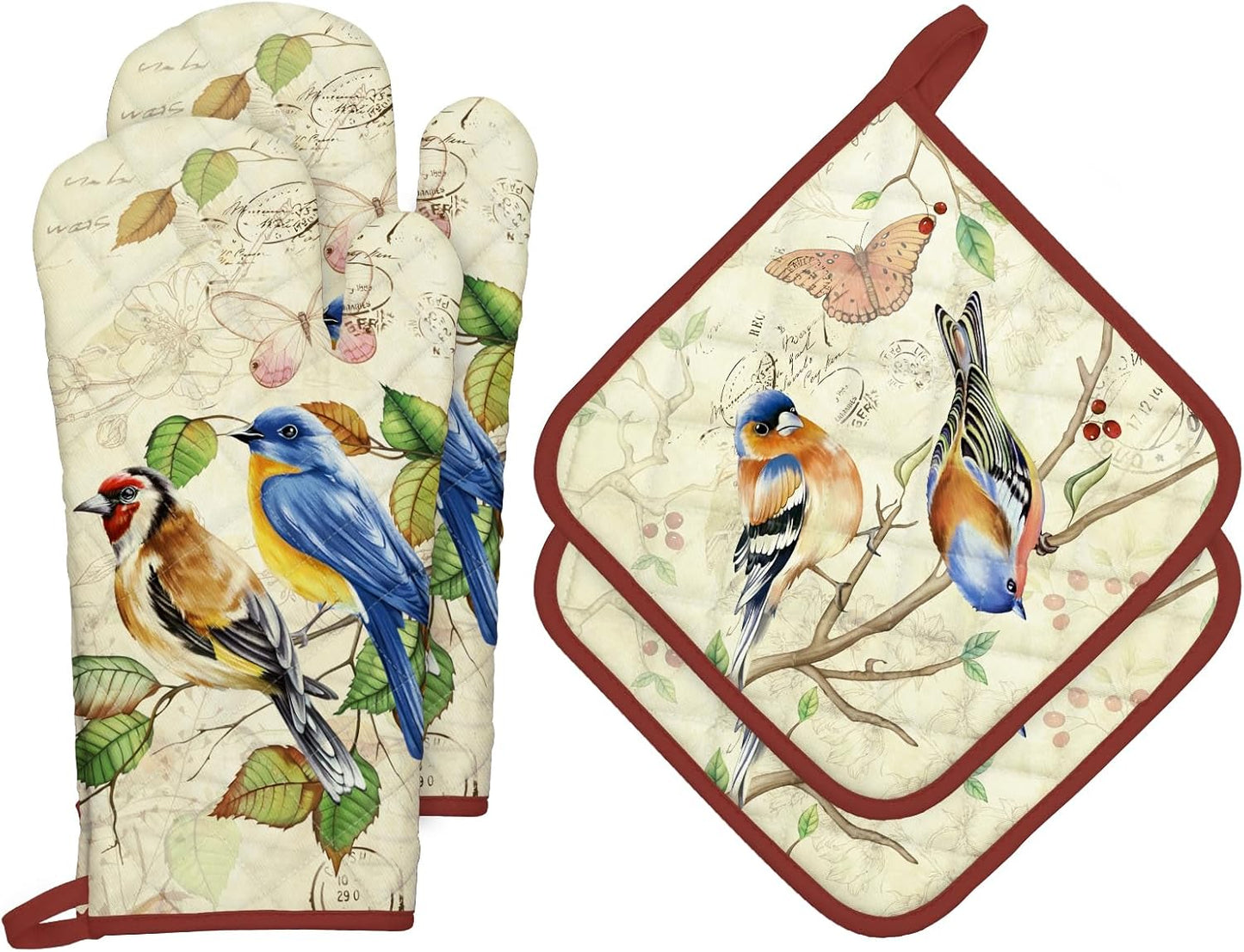 Vintage Bird Oven Mitts and Pot Holders Sets 4Pcs, 100% Cotton Heat Resistant, Extra Long Oven Gloves Potholder for Kitchen Cooking Baking Decoration