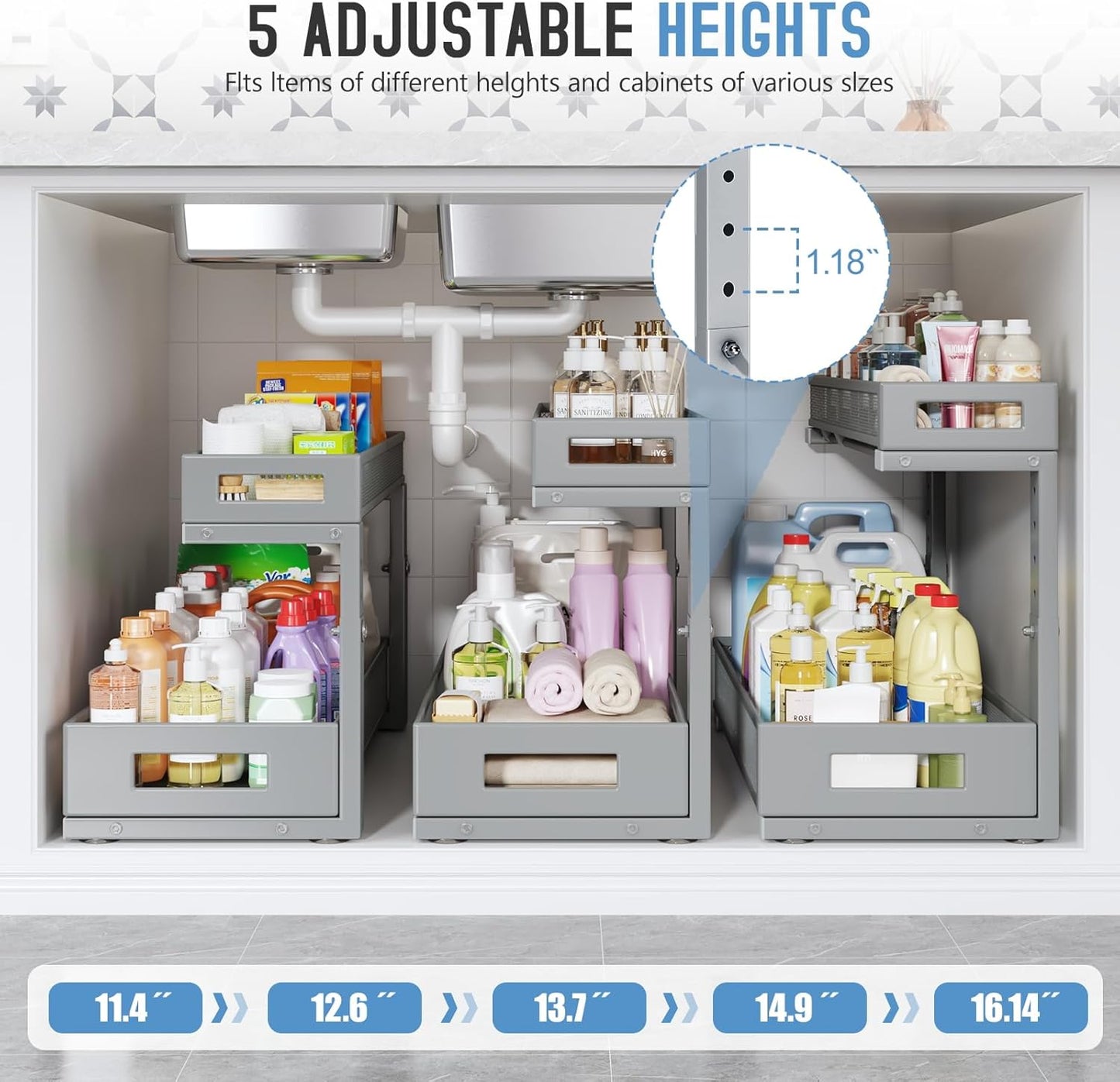 2 Pack 20.47IN Depth Under Sink Storage Organizer, Large 2-Tier Elegant Mesh Pull Out Shelf for Kitchen and Bathroom Cabinet Organization, L-Shaped and Adjustable Height Design-Gun Gray