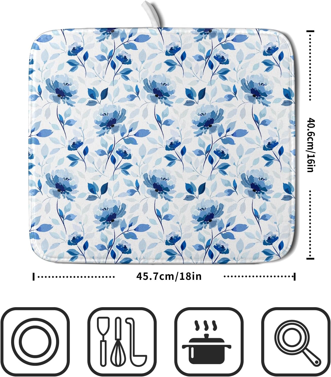 Blue Floral Dish Drying Mat 16x18 inch Flower Leaves Dish Rack Pad Microfiber Washable Dishes Drainer Pad Kitchen Countertop Accessories