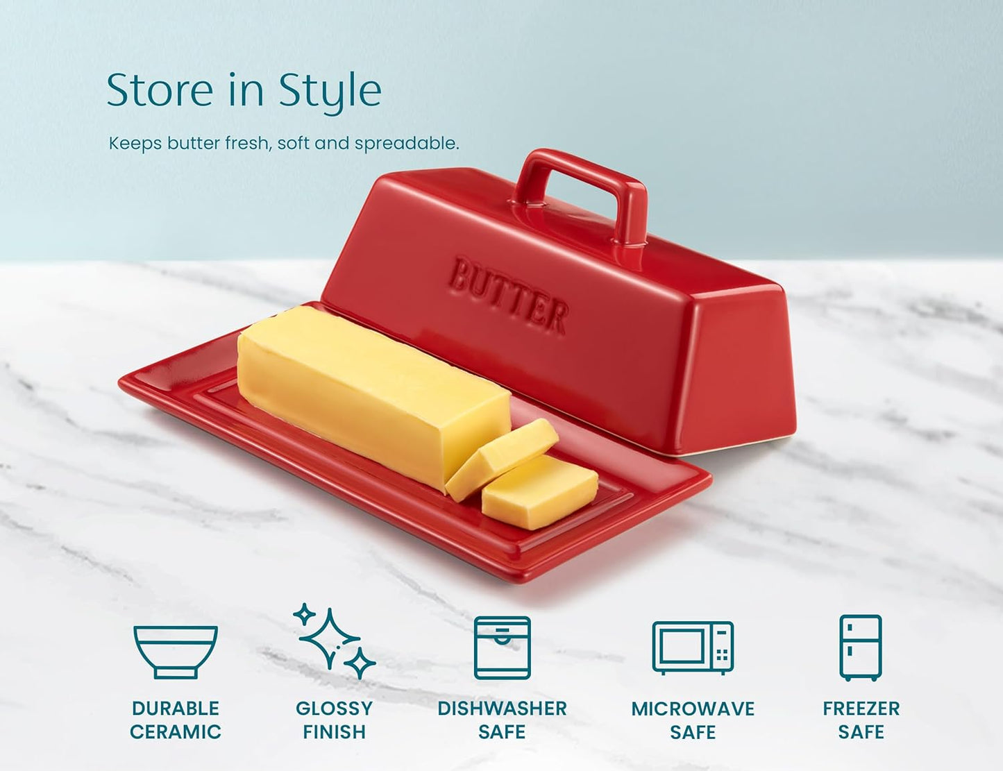 Butter Dish with Lid for Countertop, by Kook, Ceramic Dish Tray with Cover, Kitchen Keeper, Container, Holder, Holds 1 Stick, Microwave and Dishwasher Safe, Red