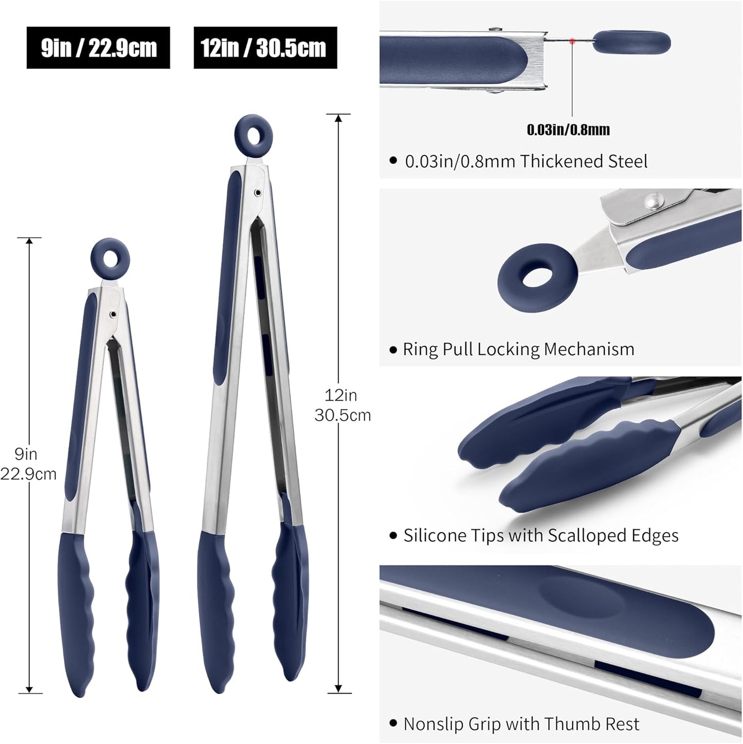 Doosu Kitchen Tongs Set for Cooking: 600°F Heat-Resistant Silicone Food Tong, Stainless Steel Locking Tongs for BBQ (9+12in, Blue)