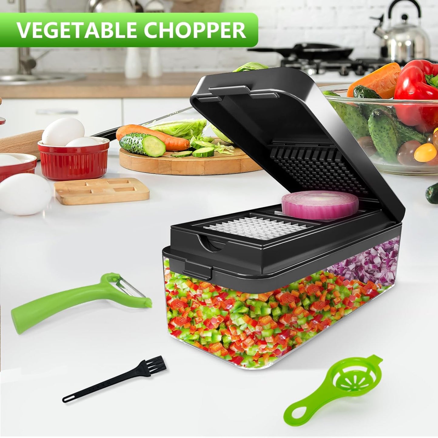 Vegetable Chopper, Onion Chopper Dicer, Mandoline Slicer, Food Chopper with Container, Vegetable Cutter for Salad Potato Carrot Garlic（2 Blades, Black）