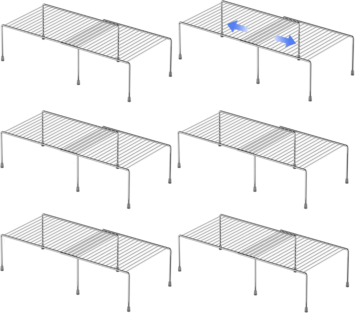 Redrubbit Cabinet Storage Shelf Rack, Expandable Metal Rustproof Kitchen Counter and Cabinet Shelf, Storage Rack Organizer Space Saver for Kitchen, Fridge, Cabinet, Bathroom, Chrome, Set of 6