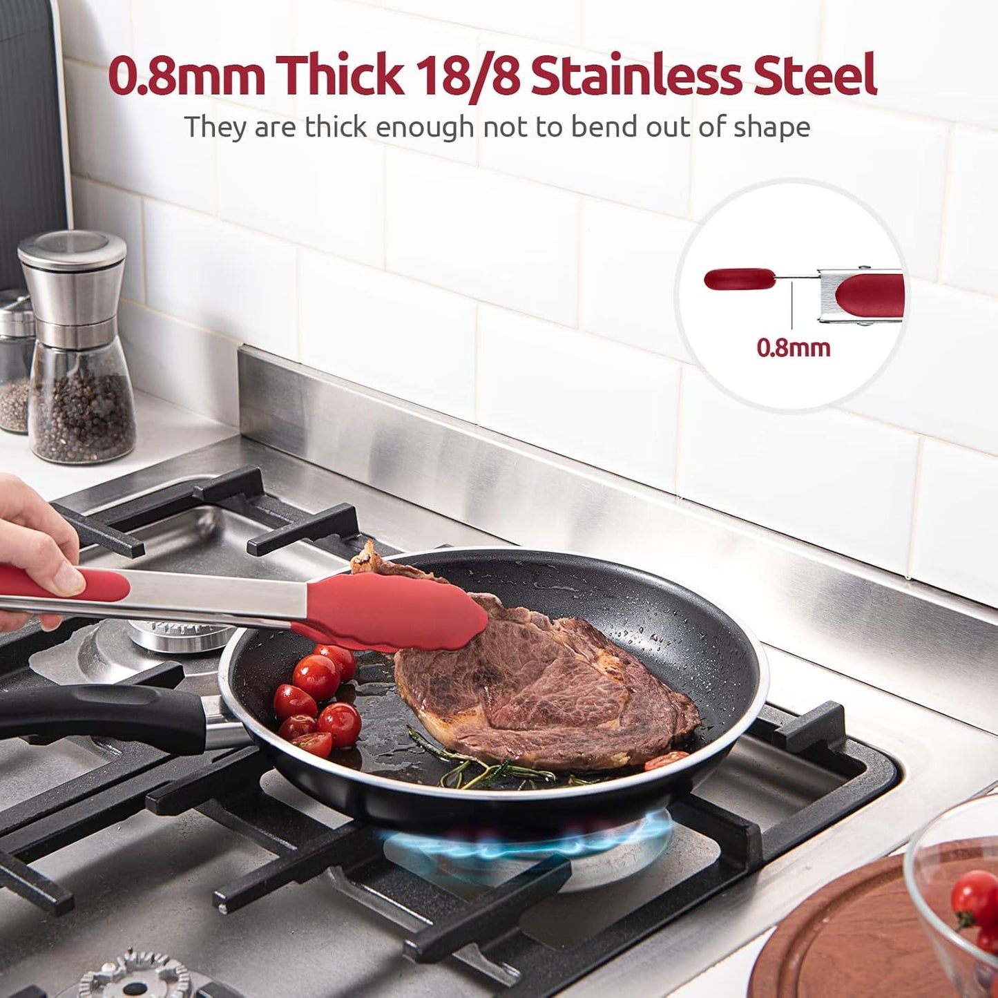 Heat Resistant Silicone Kitchen Tong: U-Taste 12 inch Large 480ºF Hot Proof Cooking Tong with Sturdy Non Stick Rubber Tips & Silicon Coated Steel Handle & Smooth Locking for Serving Grill Salad (Red)