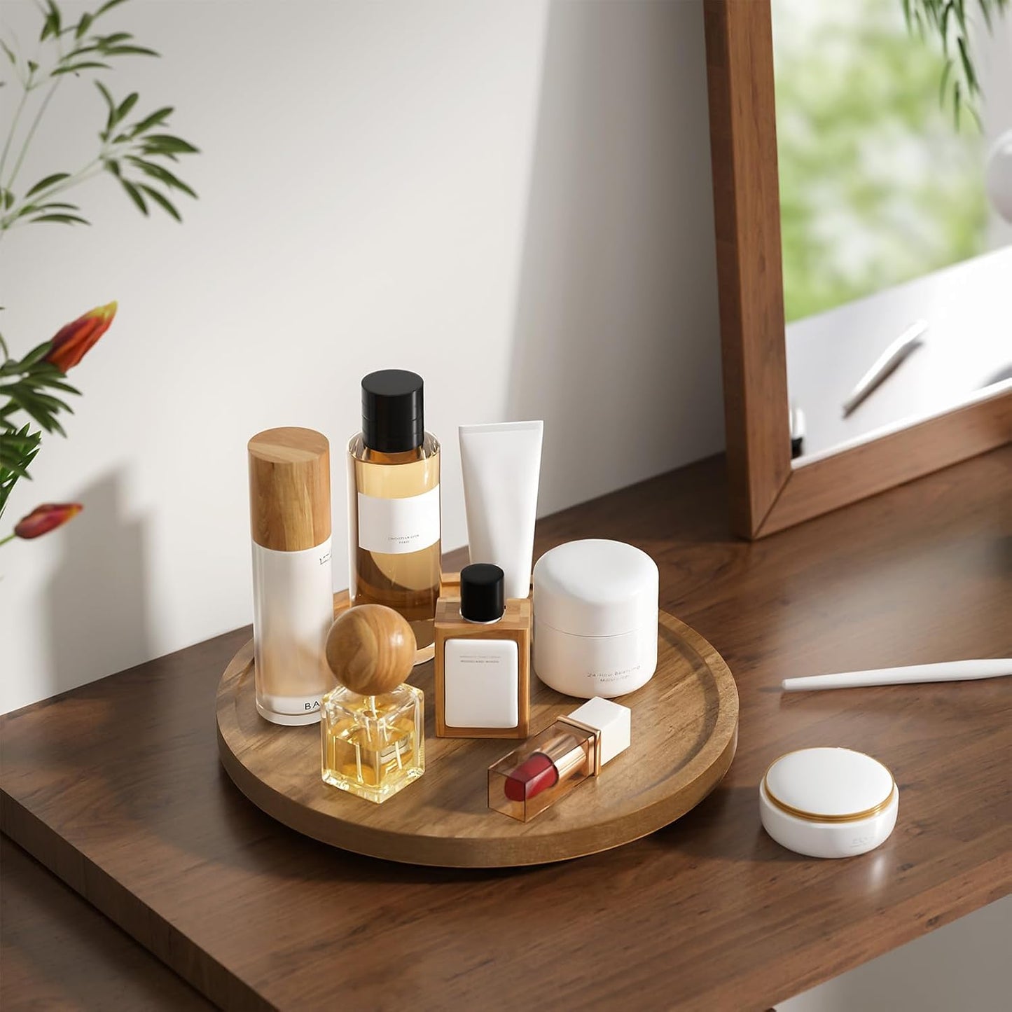 LAMU 12'' Acacia Wood Lazy Susan Organizer for Table Top, Lazy Susan Turntable for Cabinet, Kitchen, Countertop, Pantry Organization