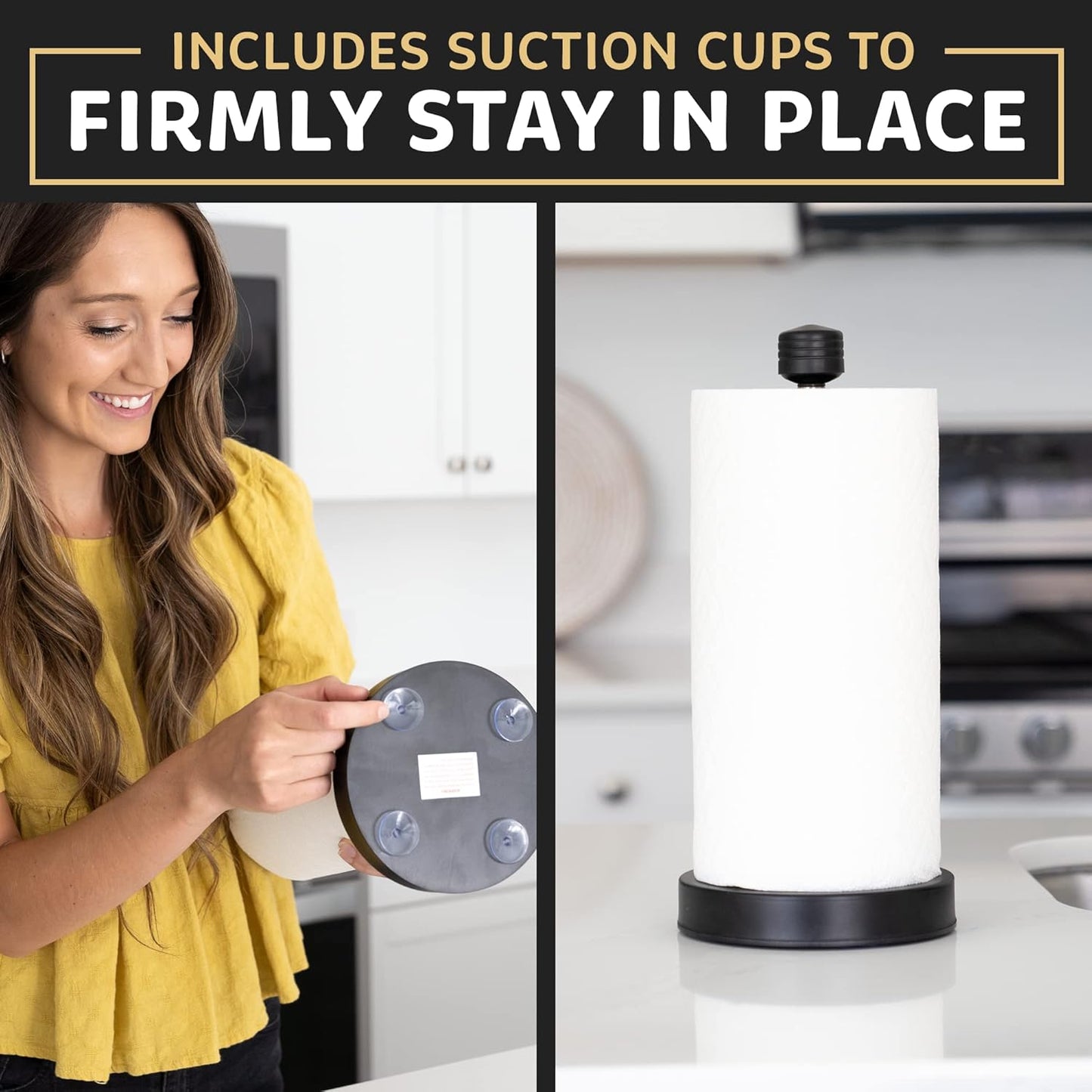 Stainless Steel Black Paper Towel Holder Designed for Easy One-Handed Operation - This Sturdy Weighted Paper Towel Dispenser Countertop Model Has Suction Cups and Holds All Paper Towel Rolls