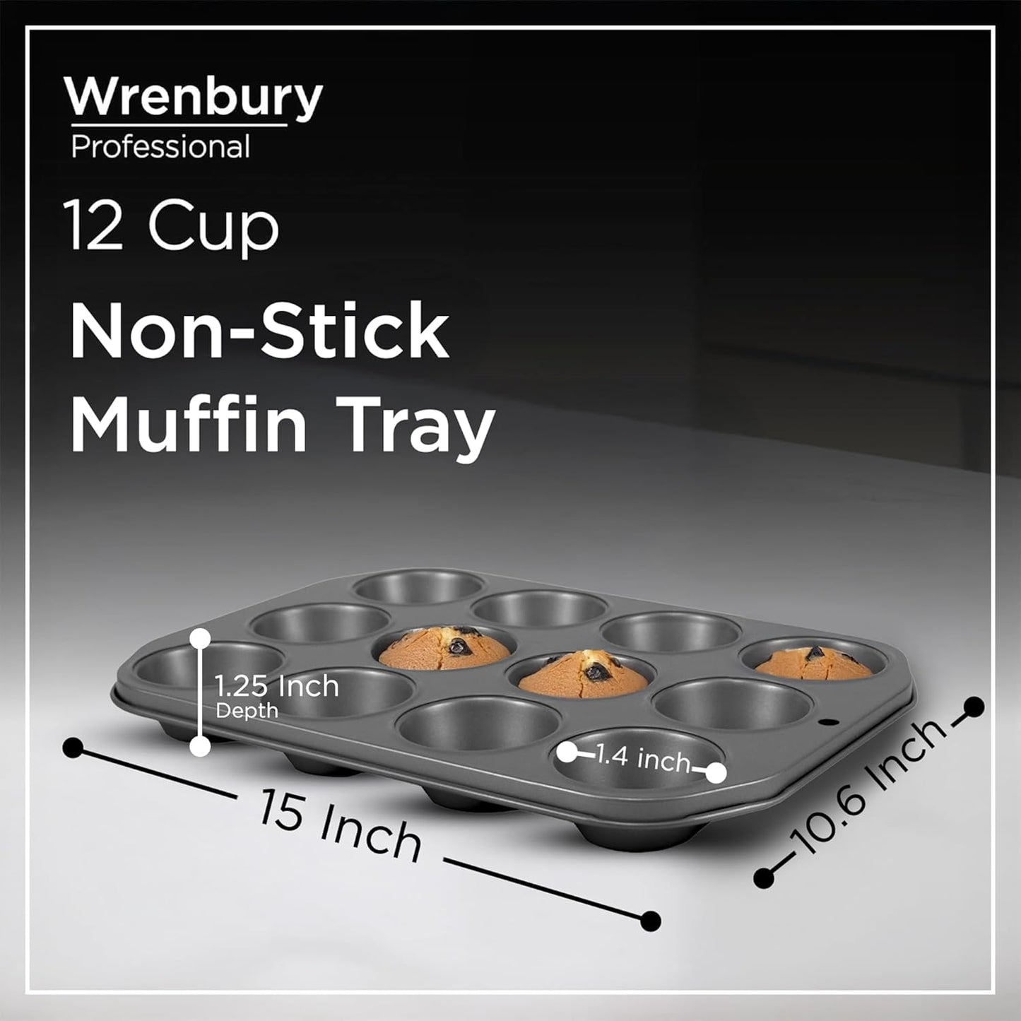 Wrenbury Non Stick Muffin Pan for Baking 12 Cup - Non Toxic Deep Cupcake and Yorkshire Pudding Tin - Even Bakes, Easy Clean, Warp Resistant - 1.25" Cup
