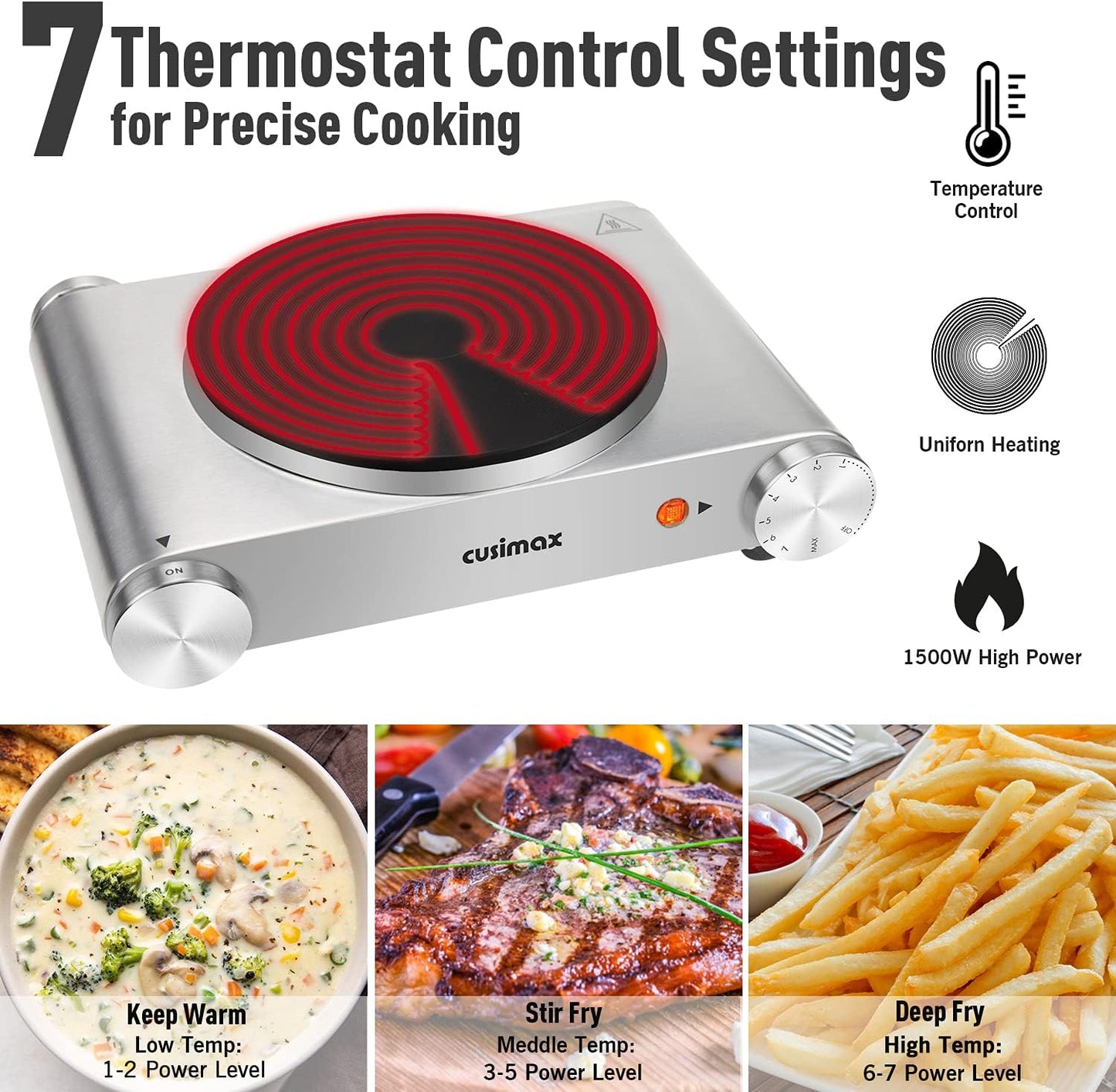 Electric Stove, CUSIMAX Portable Hot Plate for Countertop, Single Cast Iron Burner, 1500 Watts 7-Stage Temperature Control, Suitable for Any Cookware, Easy to Clean