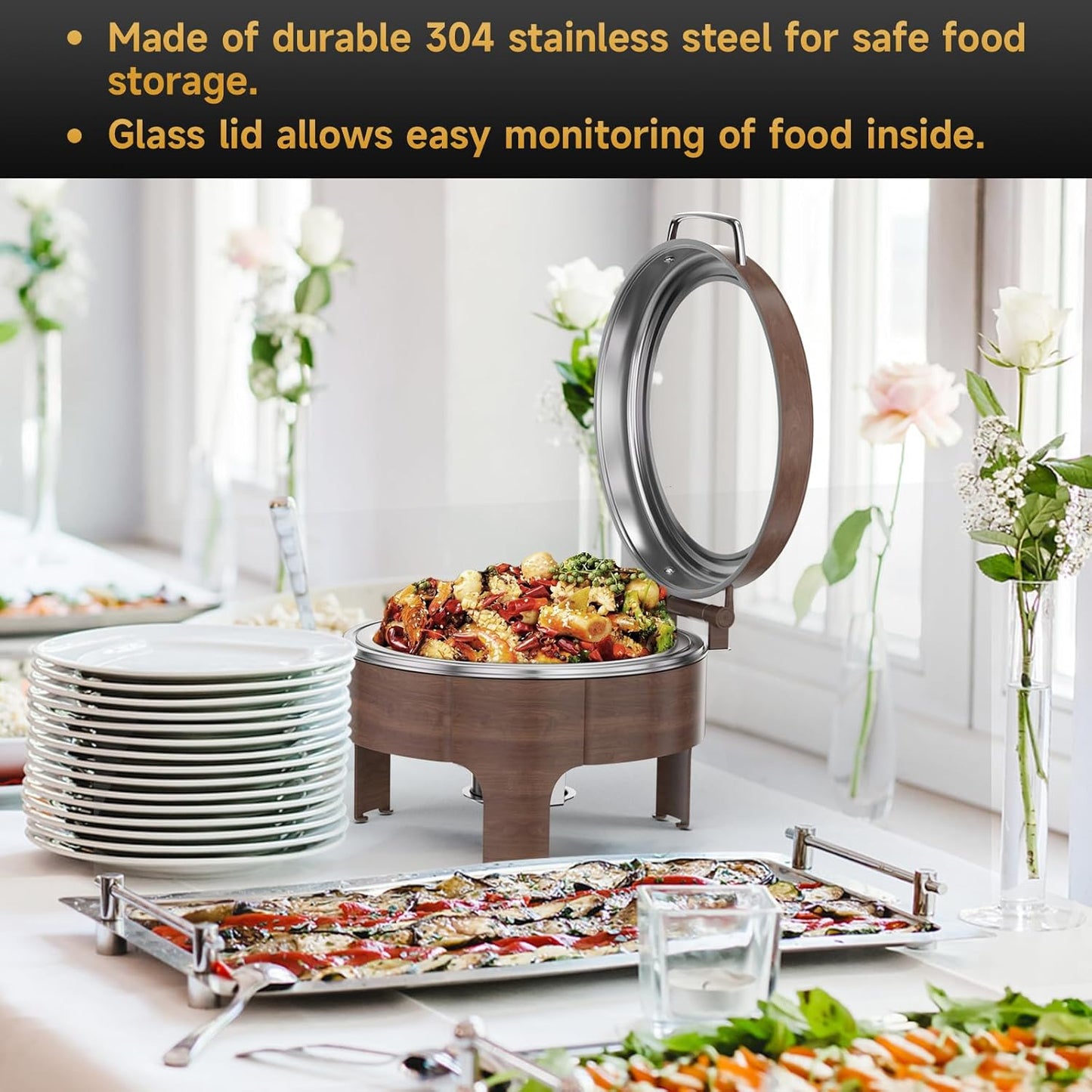 Chafing Dishes for Buffet, 6QT Round Stainless Steel Chafing Dish with Transparent Hydraulic Lid, 304 Food Pan, Buffet Warmer for Parties and Events (Wood Color)