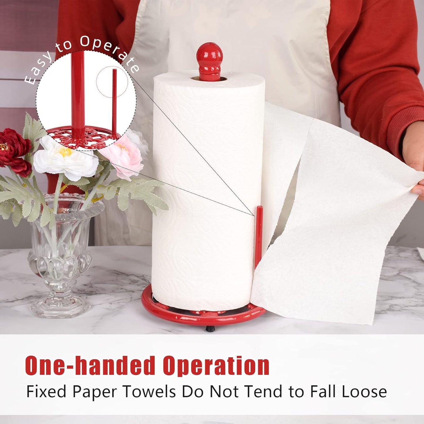 Vintage Red Cast Iron Paper Towel Holder - Weighted Base, One-Handed Tear for Kitchen Countertops