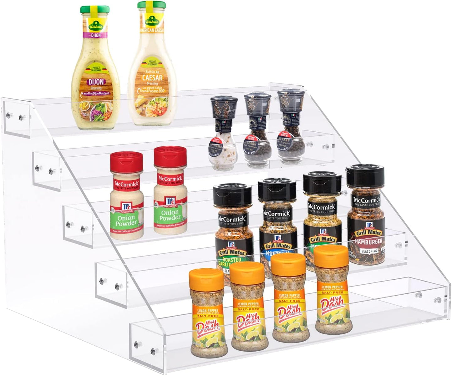 PMMASTO Tiered Spice Rack, Seasoning Organizer, Clear Acrylic Vertical Shelves Can Organizer for Countertop, Cabinet, Pantry, Kitchen Organization and Storage - 5 Tier