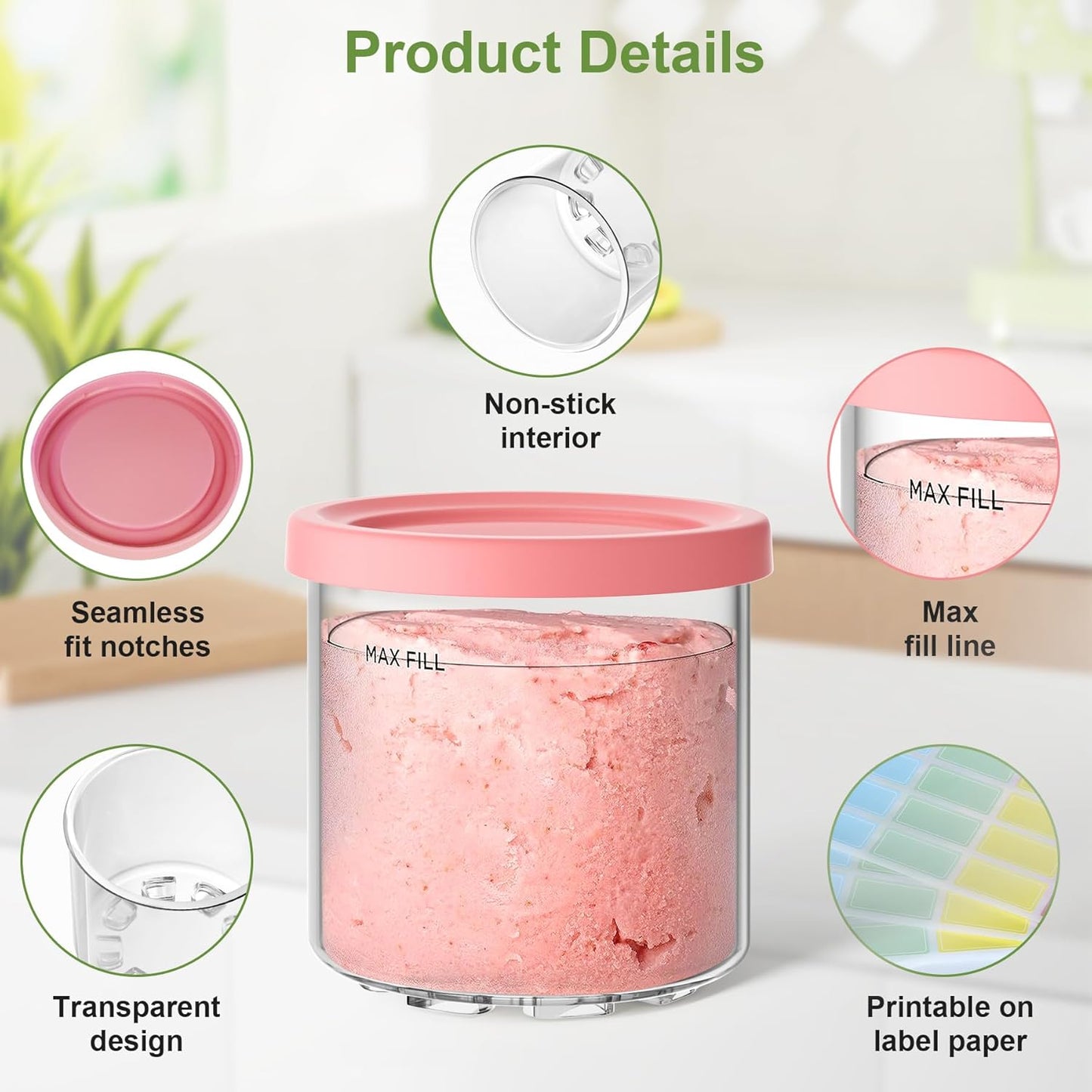 4 Pack Creami Pint Containers and Lids for Ninja with 4 spoons and writable labels, Compatible with Ninja NC299 NC300 NC301 Series Creami Maker Machine Accessories, BPA Free & Dishwasher Safe, Pink