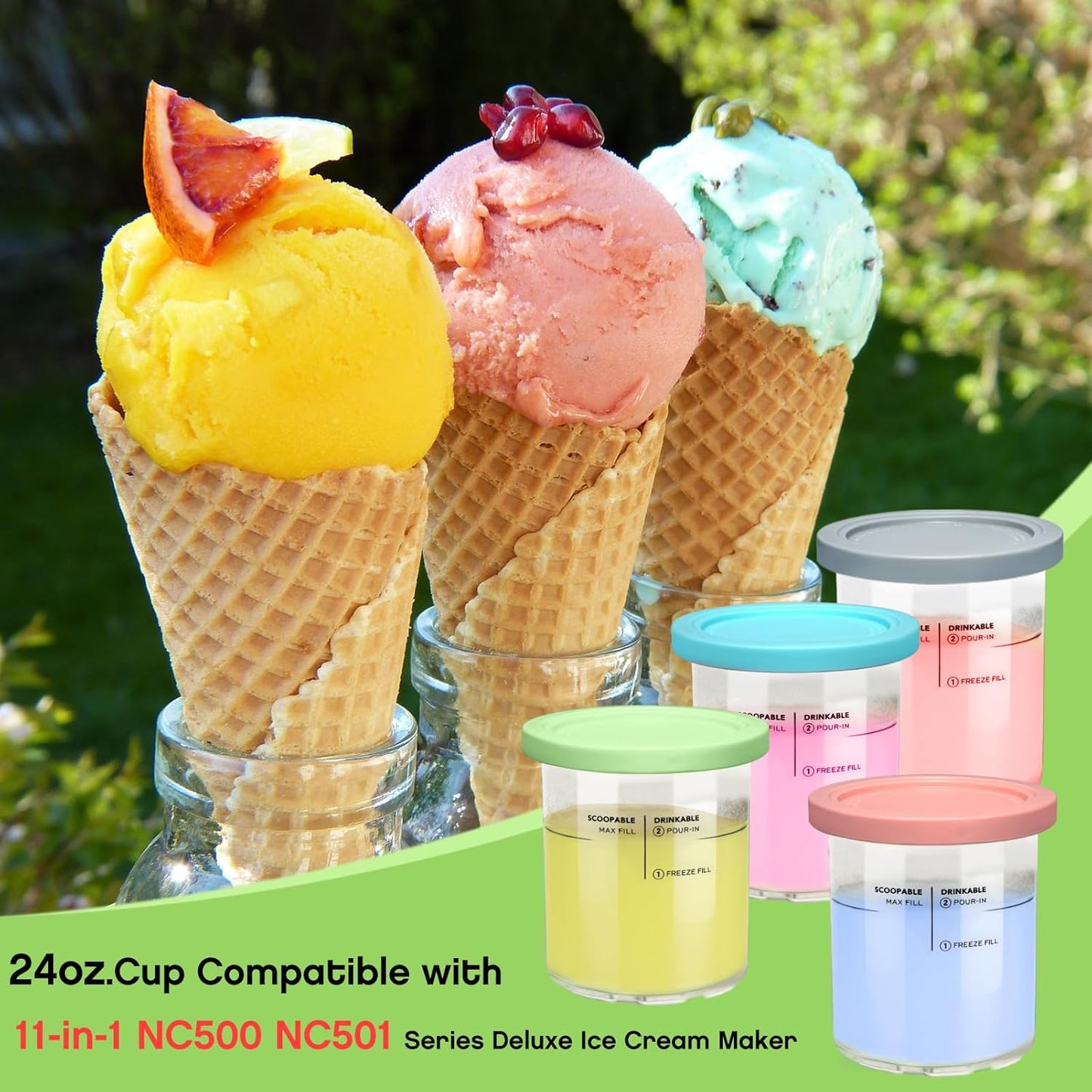Replacement for Creami Deluxe Pints and Lids 4 Pack,Compatible with Ninja Creami 11-in-1 NC501 NC500 Series Deluxe Ice Cream Maker,24oz Deluxe XL Cups(Blue,Pink,Grey,Green)