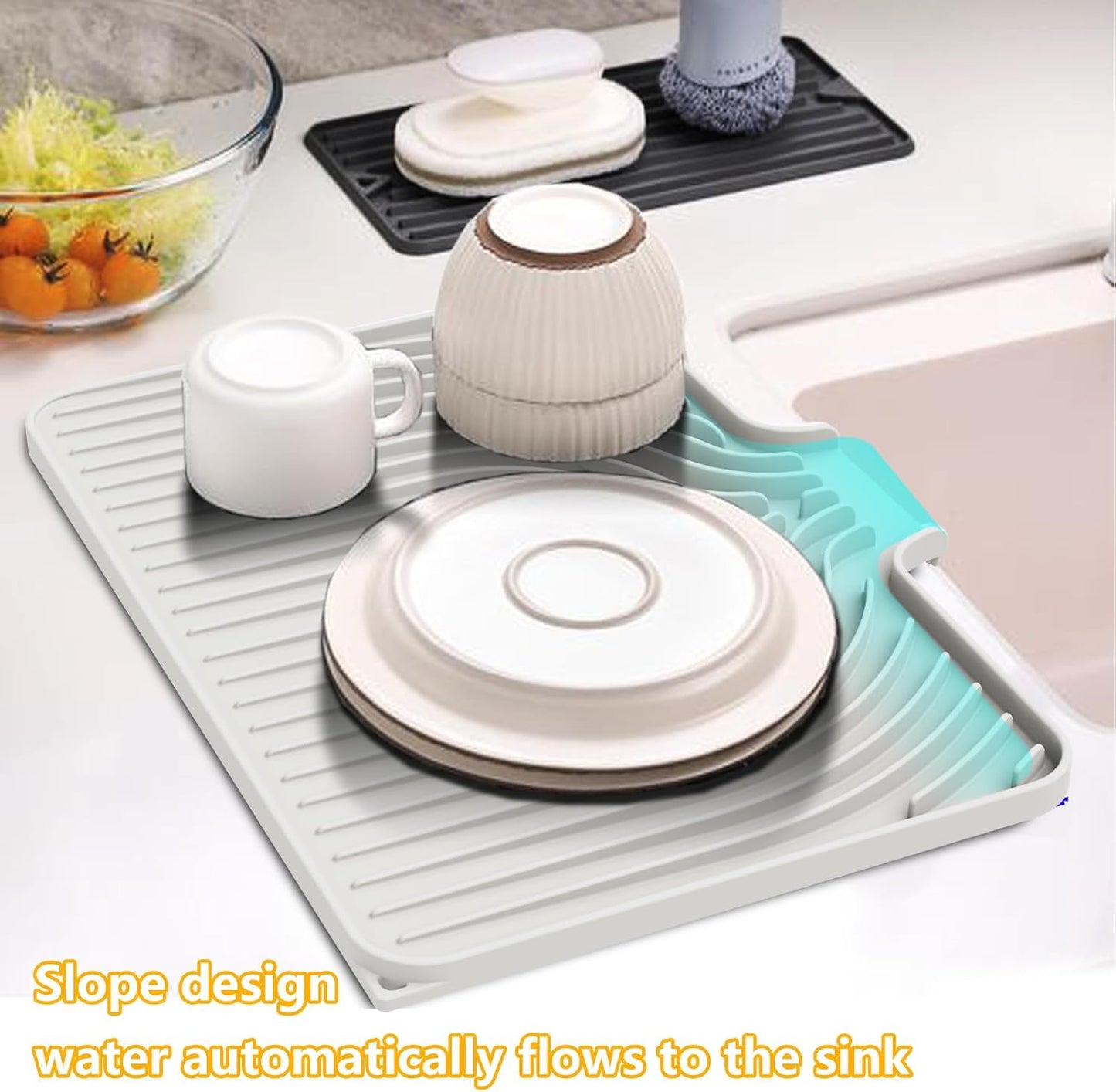 Silicone Drying Mat for Kitchen Counter, 18"×12" Silicone Dish Drying Mat with Board Drain,Rubber Kitchen Counter Dry Matt for Dishes Drying Rack(white)