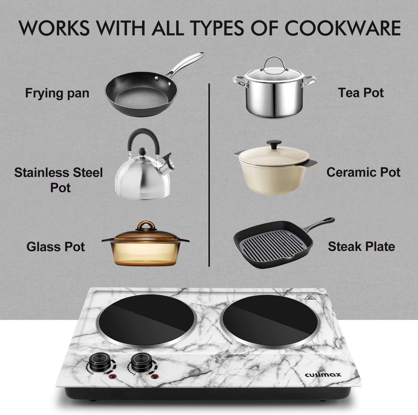 CUSIMAX Hot Plate, 1800W Double Burner Electric Hot Plate for Cooking, Dual Control Portable Infrared Stove Countertop Cooktop, Heat-up in Seconds, Stainless Steel White Marble