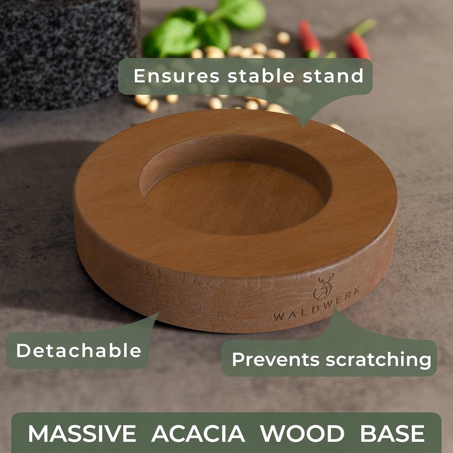 WALDWERK Mortar and Pestle - Mortar and Pestle Set with Anti-Scratch Acacia Wood Base - Mortar with Extra Large Pestle Out of Natural Granite - Large Mortar and Pestle - Perfect for Guacamole