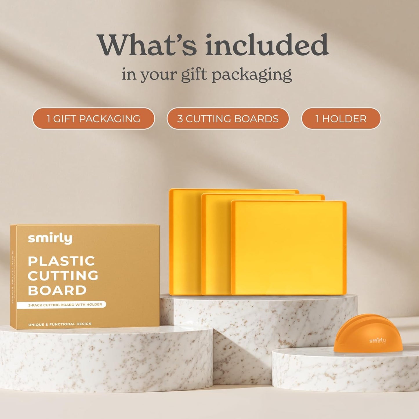 SMIRLY Plastic Cutting Board Set with Holder 3 Pieces, Non-Slip Dishwasher Safe Chopping Boards for Kitchen, Yellow