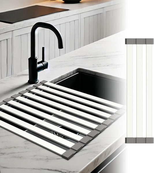 Mamakura Roll Up Dish Drying Rack Over The Sink，Multipurpose Foldable Sink Cutting Boards&Dish Rack for Kitchen,Aluminum Alloy Sink Rack Mat,21.85"x13.31",Grey