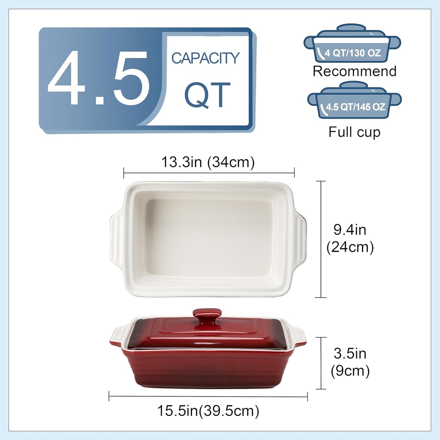 LOVECASA 4.5 Quart Ceramic Casserole Dish with Lid, 9x13 Baking Dish for Oven, Lasagna Pan Deep with Handles, Stoneware Bakeware, Oven & Dishwasher Safe, Gradient Red