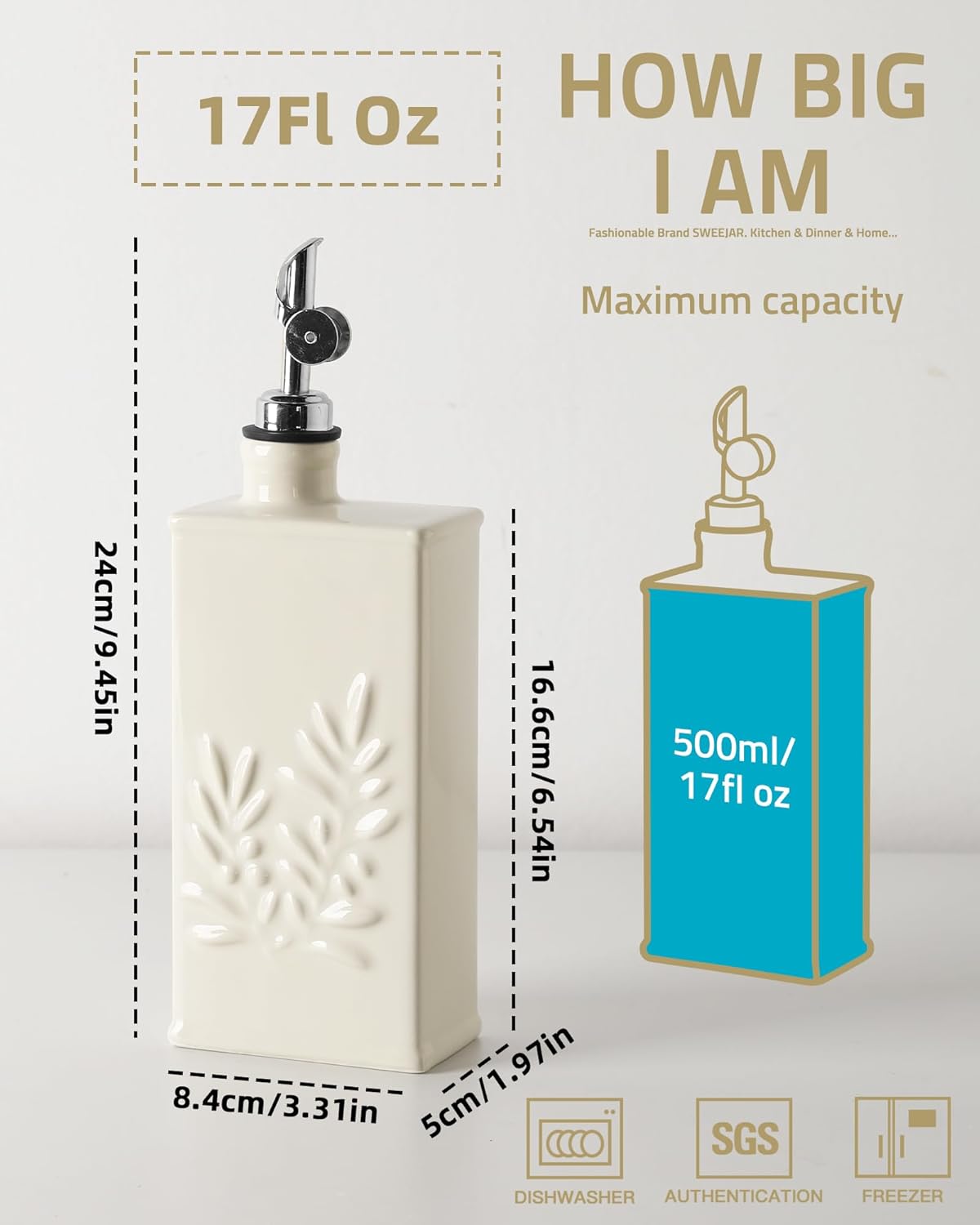 Sweejar Ceramic Olive Oil Dispenser Bottle for Kitchen, 17 Oz Relief Opaque Oil and Vinegar Dispenser Bottle with Spout, Suitable for Soy Sauce, Coffee Syrup, Liquids (Beige)