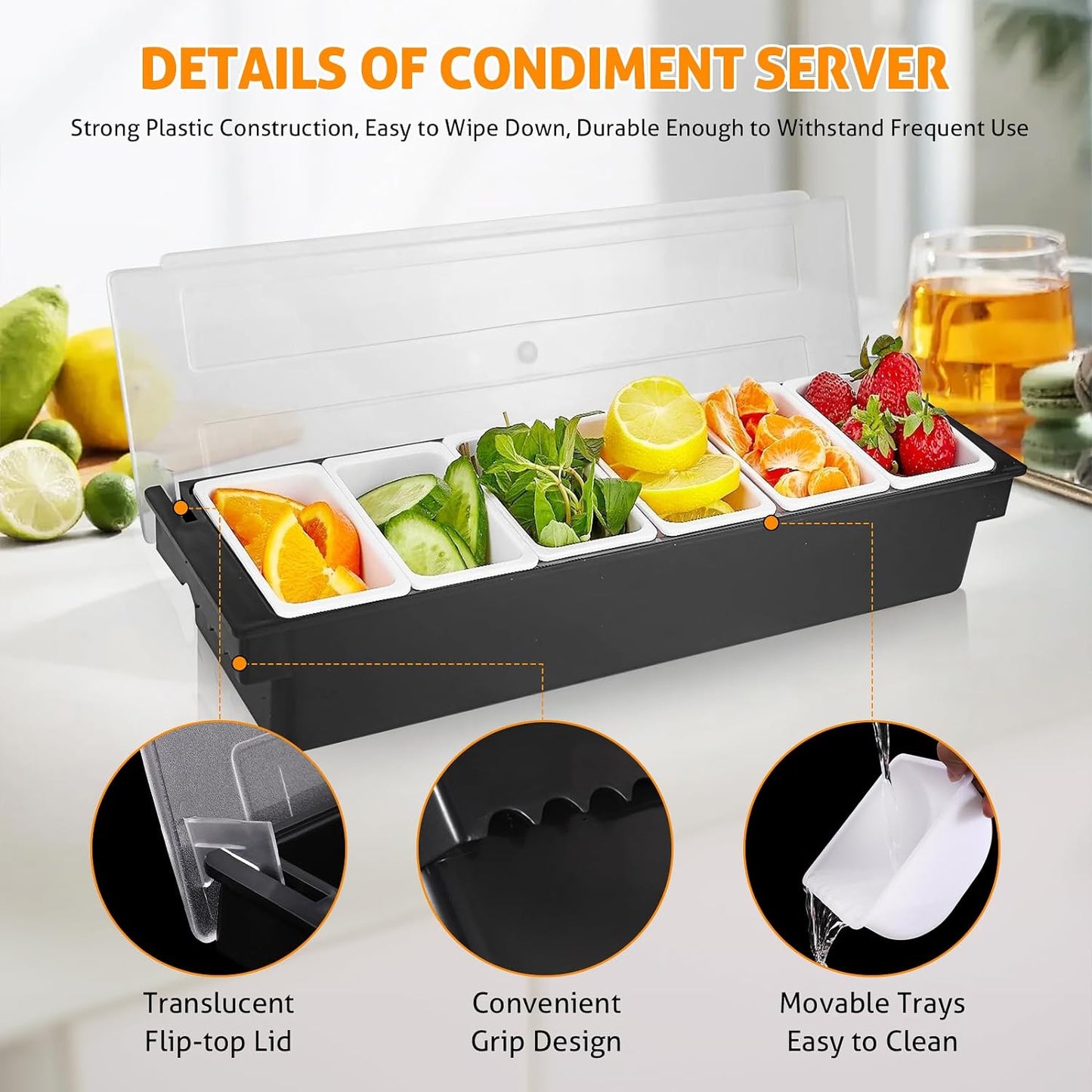 WICHEMI Fruit, Veggie & Condiment Caddy with Lid Dispenser Tray Garnish Station for Bartending & Serving Taco, Ice Cream, Salad Bar - Topping Organizer for Restaurant Supplies (6 Compartment, 2 Pack)